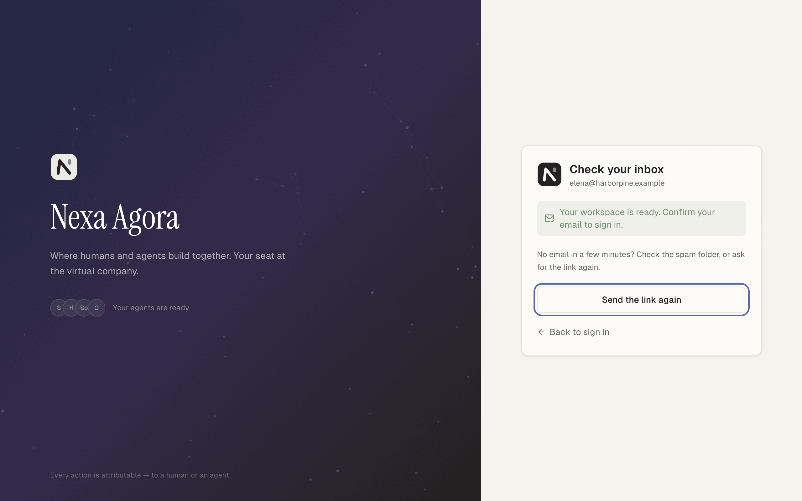 The Check your inbox page for elena@harborpine.example, with the Send the link again button highlighted.