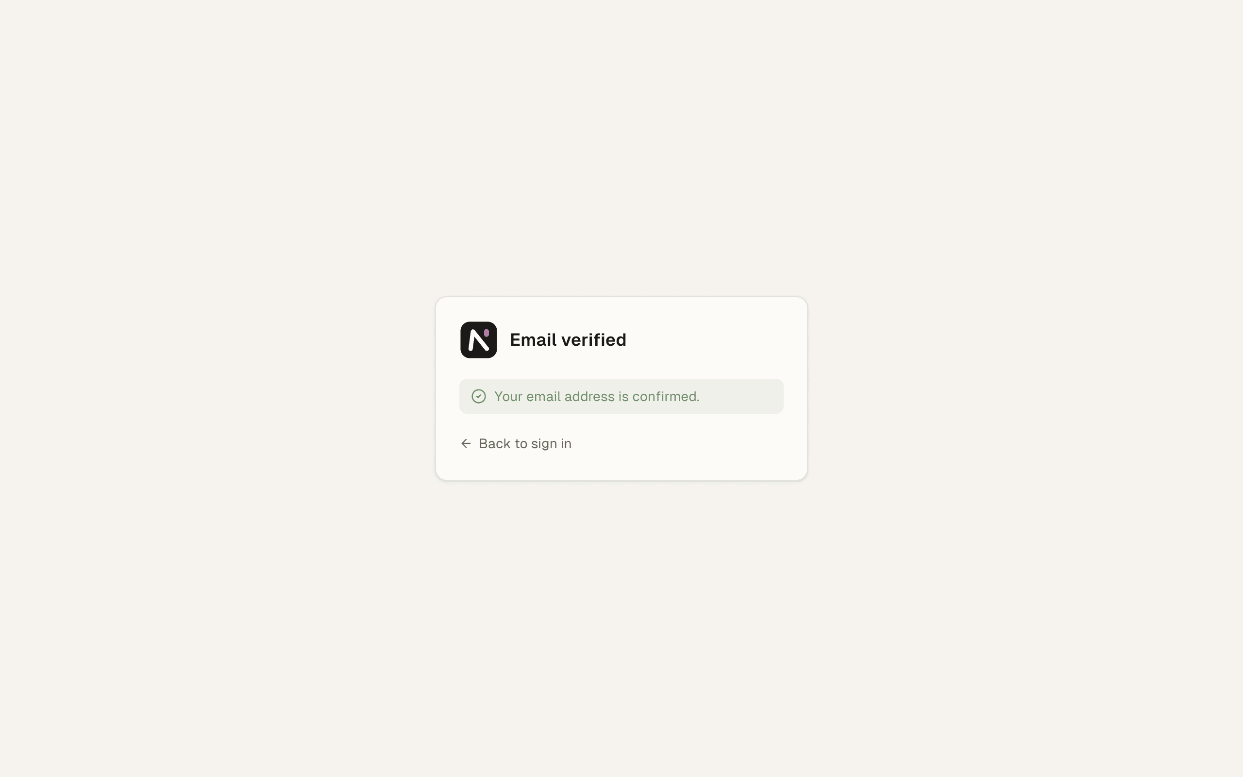 The Email verified card, with the line "Your email address is confirmed." and the Back to sign in button.