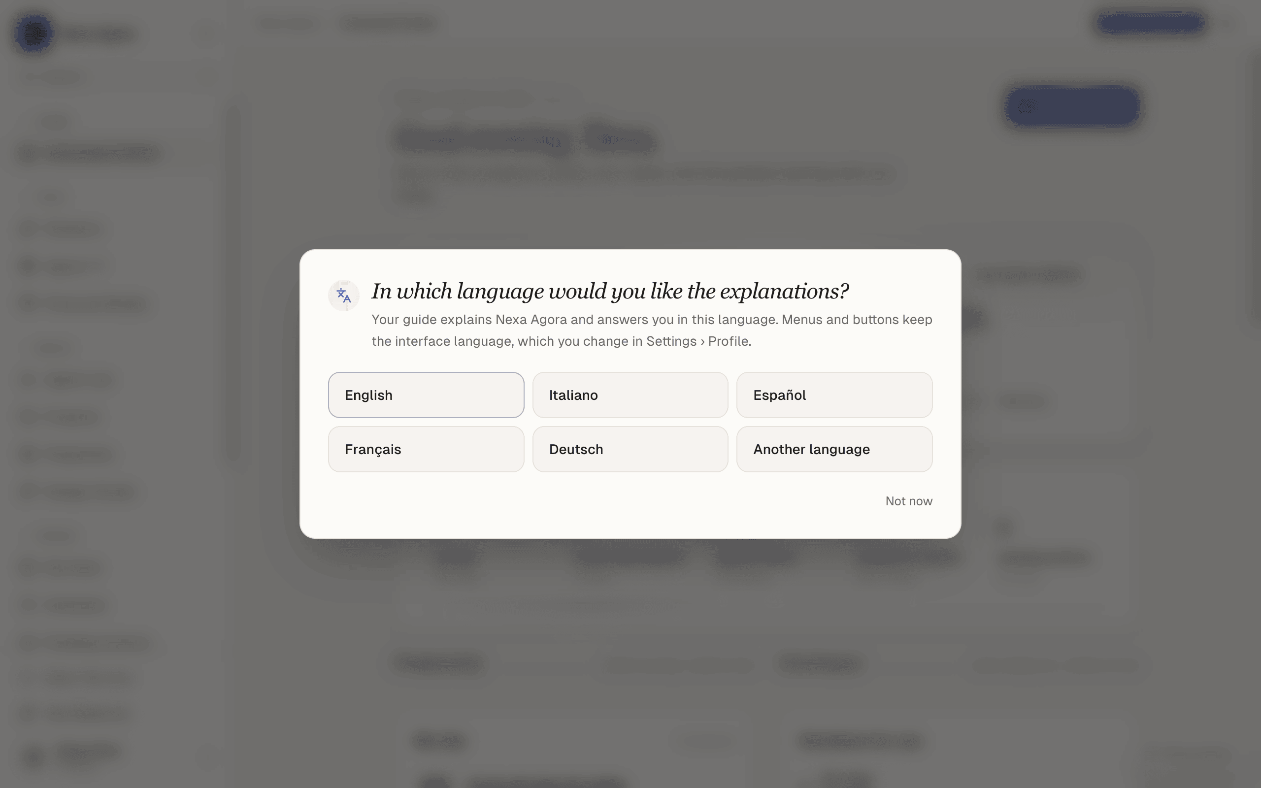The welcome window, step 1: "In which language would you like the explanations?" with English, Italiano, Español, Français, Deutsch and Another language.