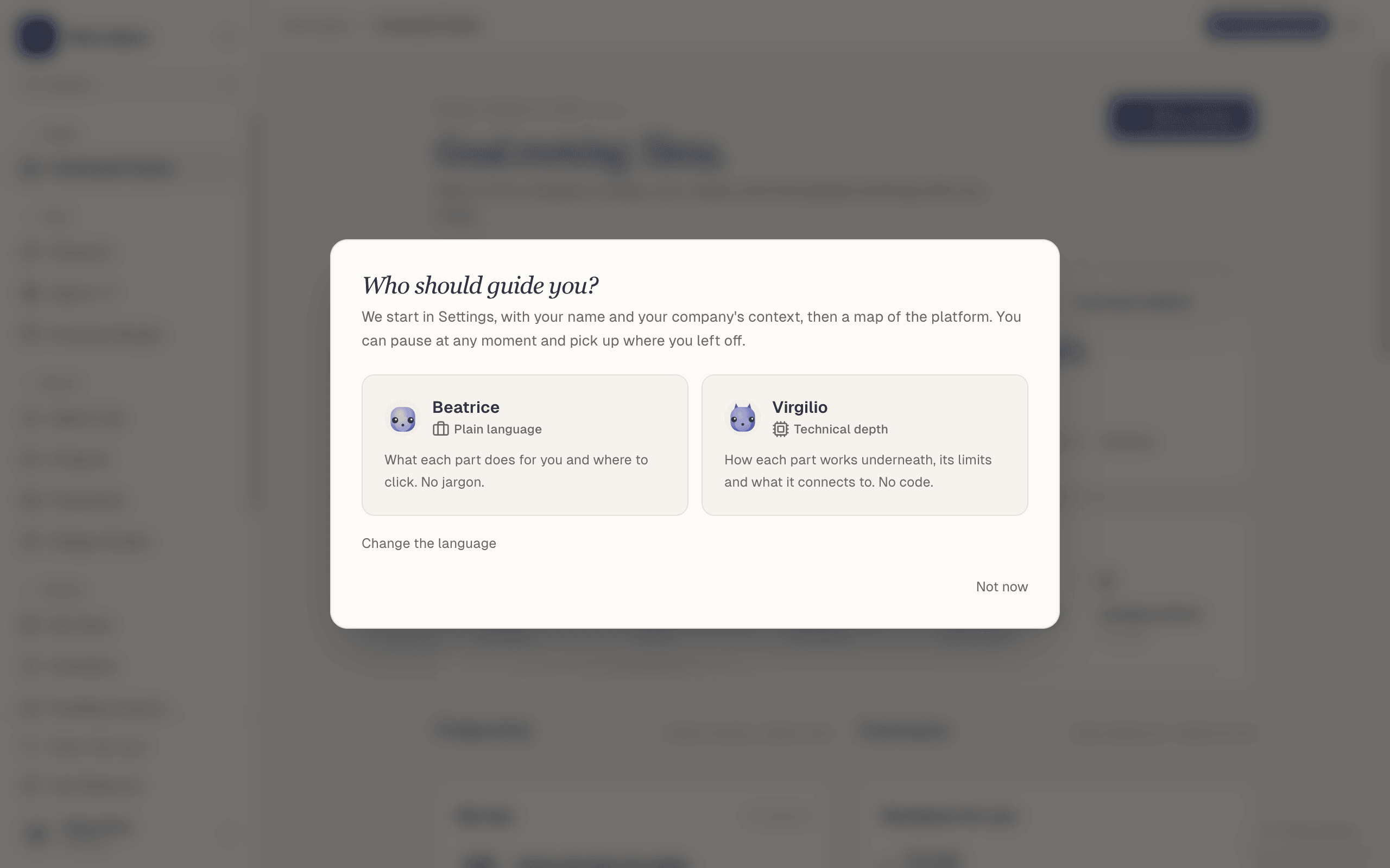 The welcome window, step 2: "Who should guide you?" with the Beatrice card, Plain language, and the Virgilio card, Technical depth.