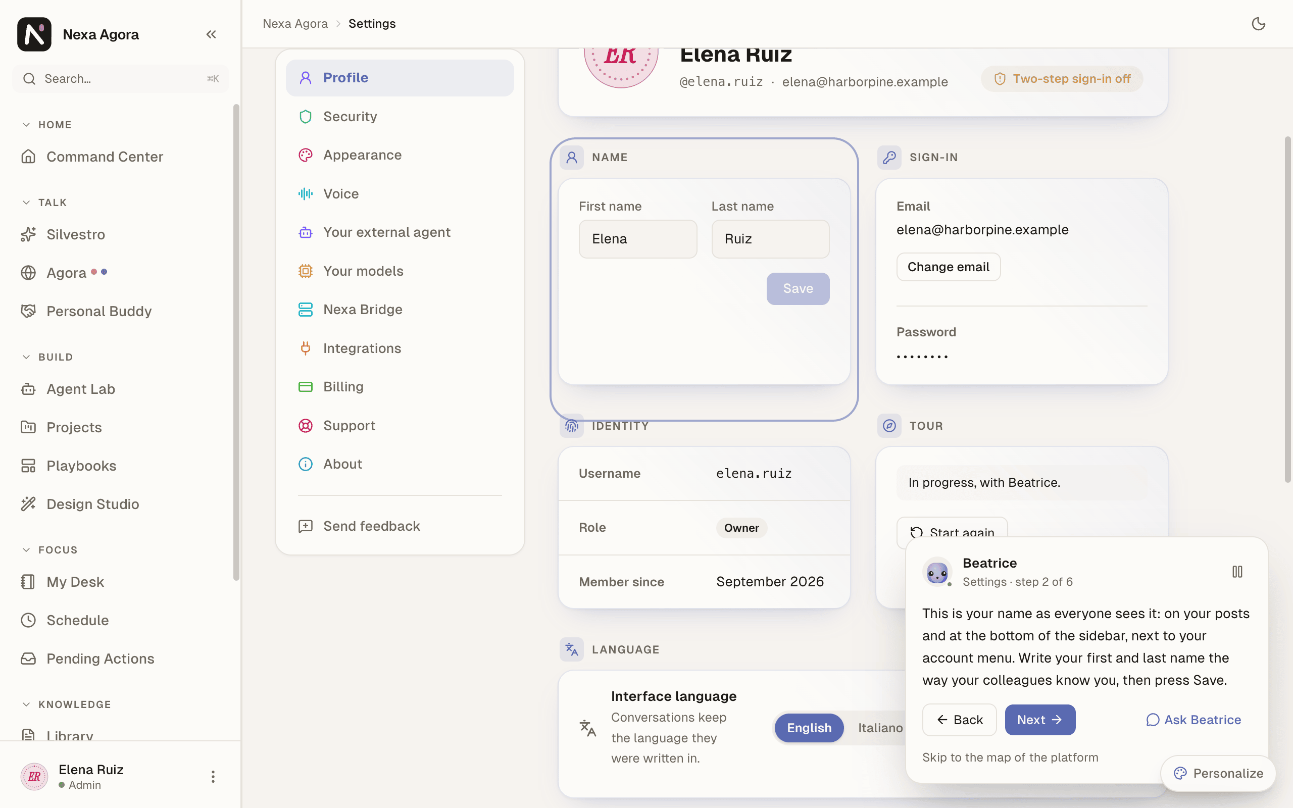 Settings › Profile for Elena Ruiz, with the guide card in the lower right corner and a ring around the name field.