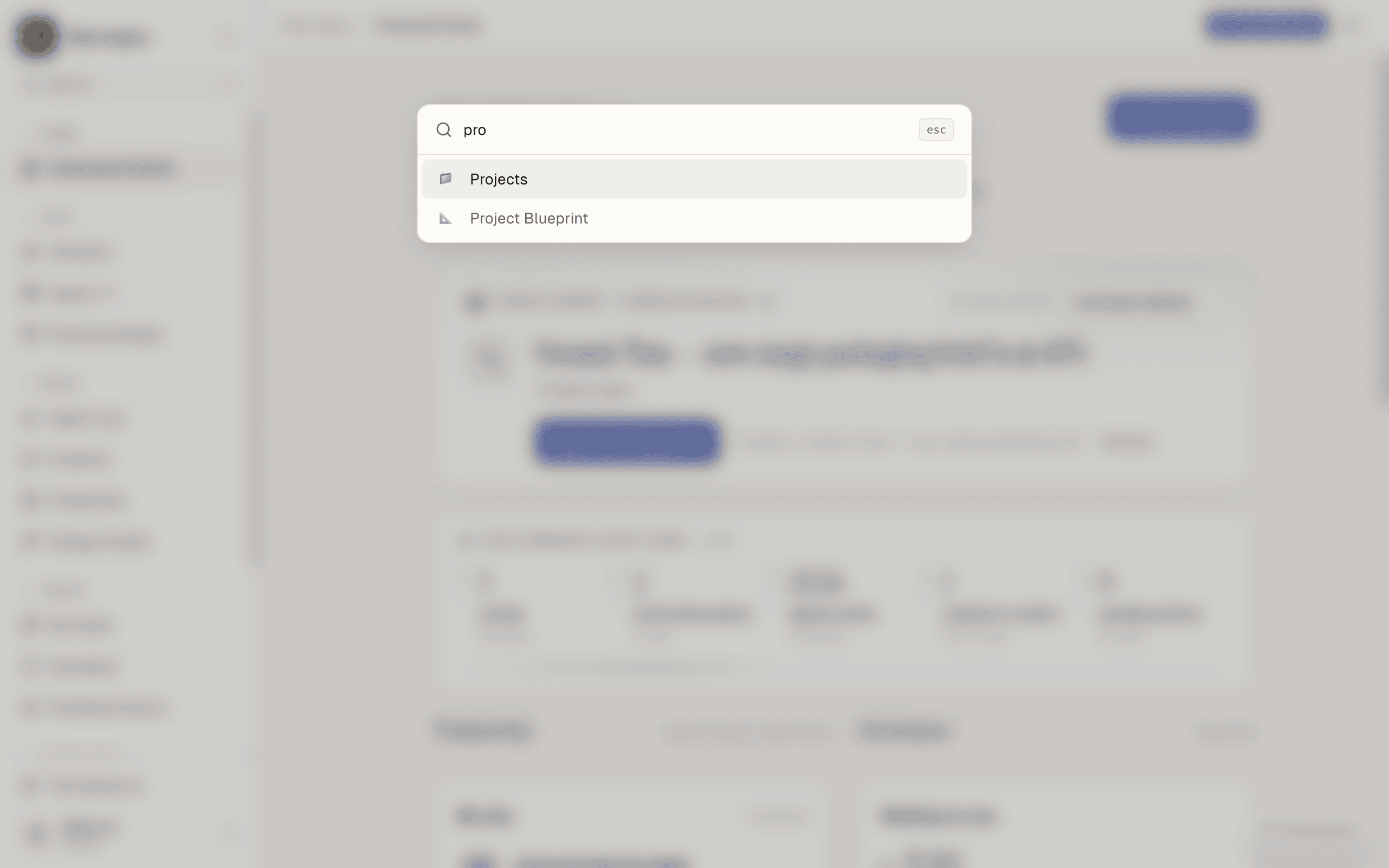 The search window with "pro" typed, showing Projects and Project Blueprint.