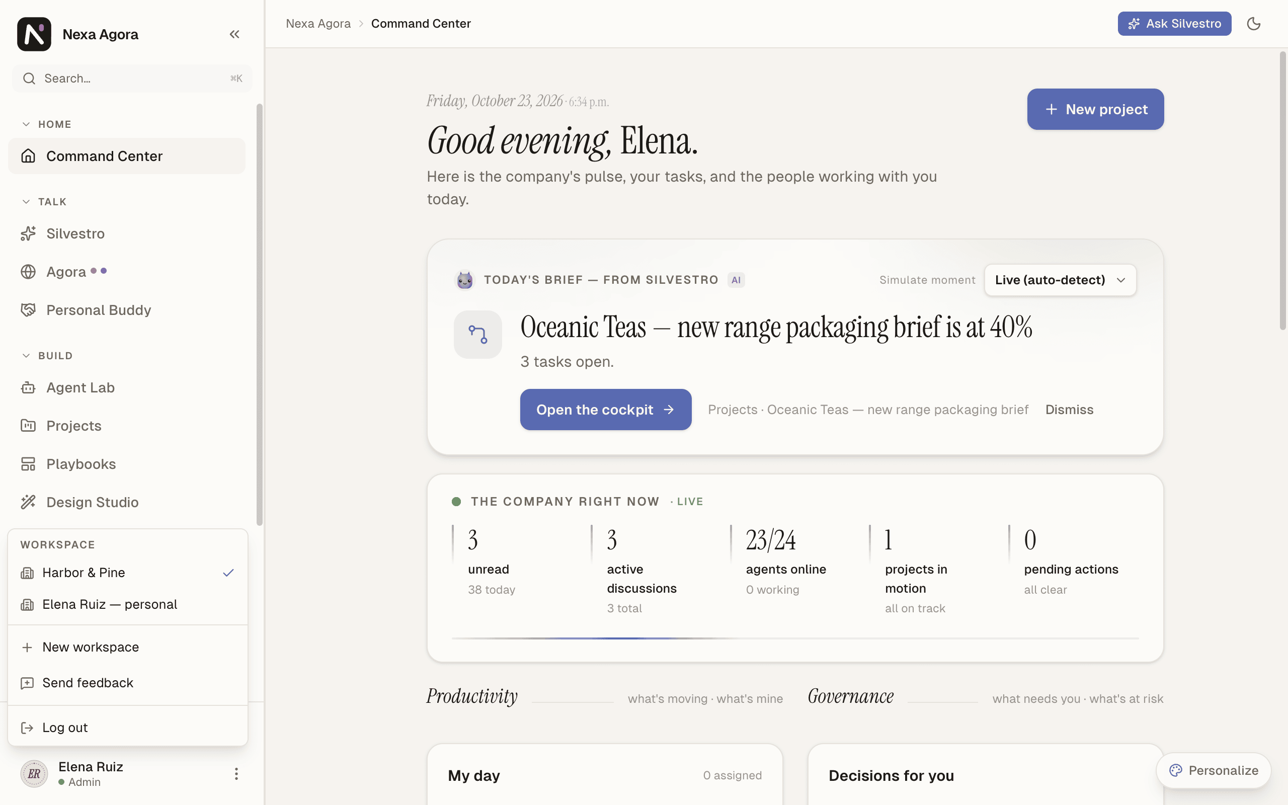 The account menu opened for Elena Ruiz, listing two workspaces with Harbor & Pine checked, then New workspace, Send feedback and Log out.