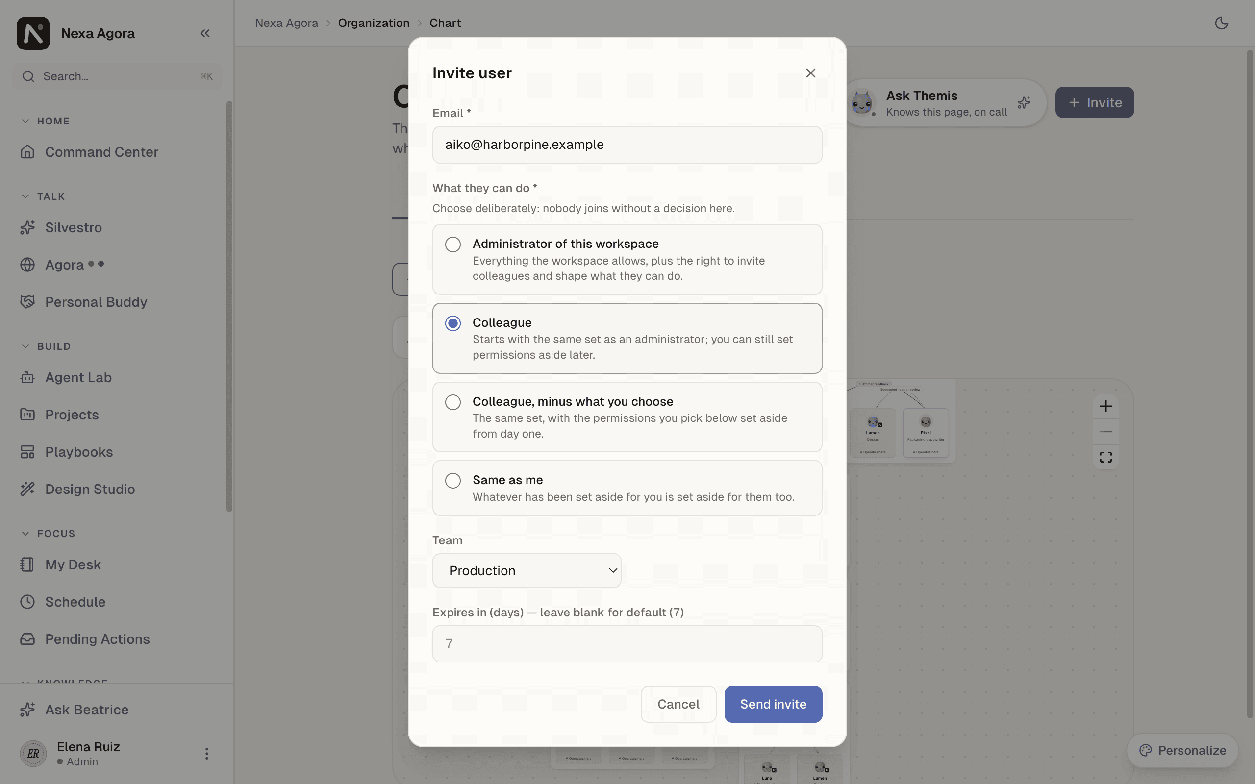 The Invite user window filled in for aiko@harborpine.example, with Colleague selected and the team Production.