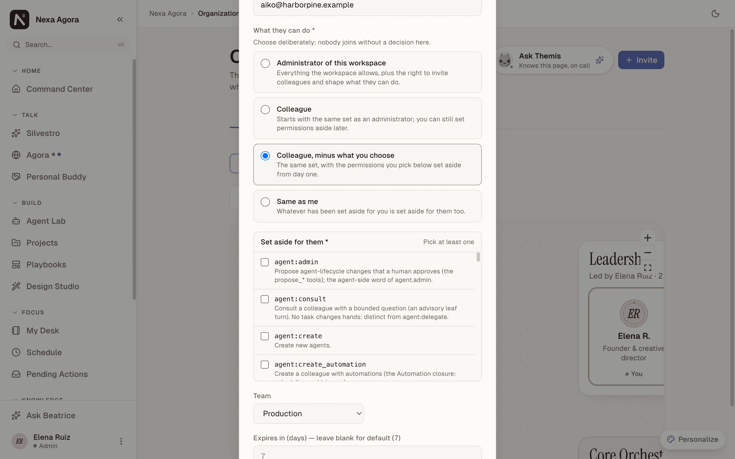 The Invite user window with Colleague, minus what you choose selected and the Set aside for them list open.