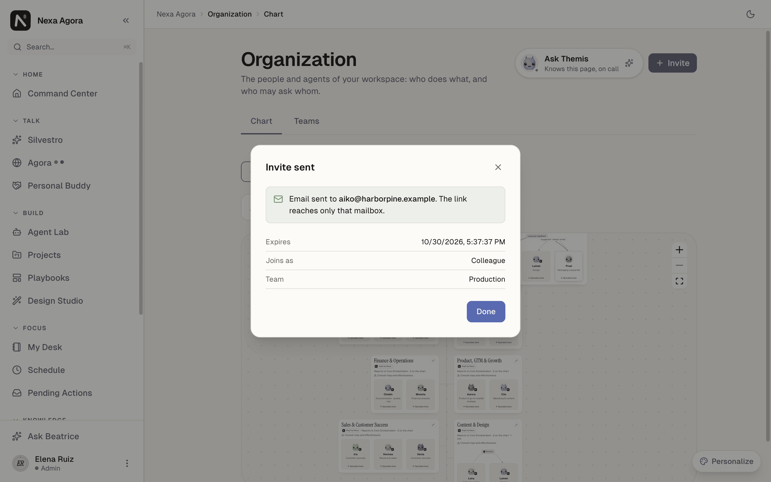 The Invite sent window for Aiko Tan, showing Expires, Joins as and Team.