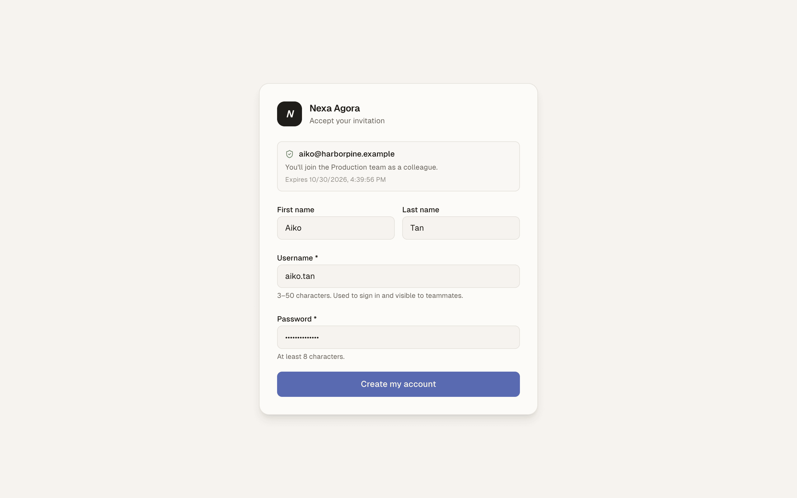The Accept your invitation page as Aiko Tan sees it, with the form filled in.