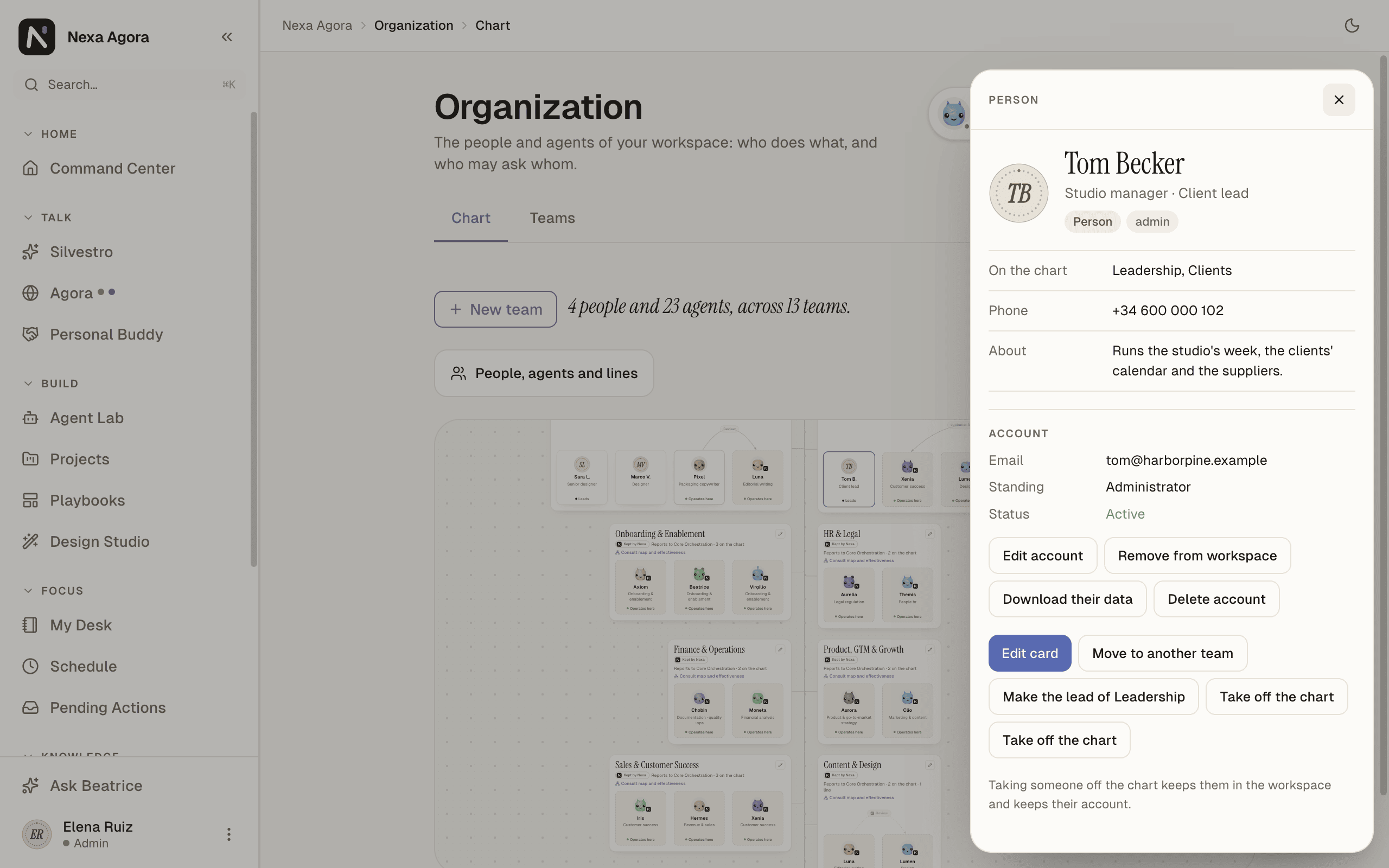 Tom Becker's person panel with the Account block, Edit account and Remove from workspace.