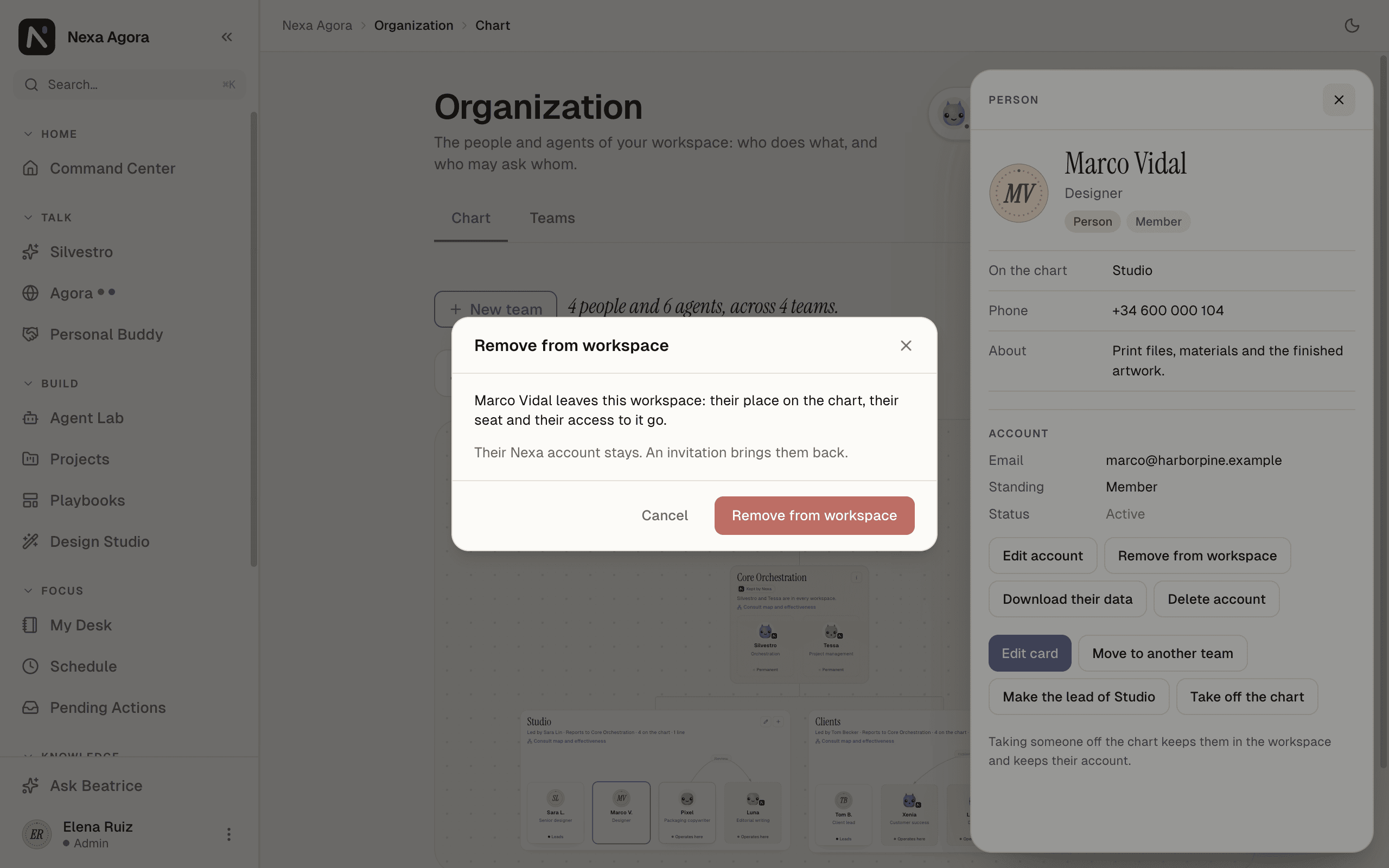 The Remove from workspace dialog for Marco Vidal.