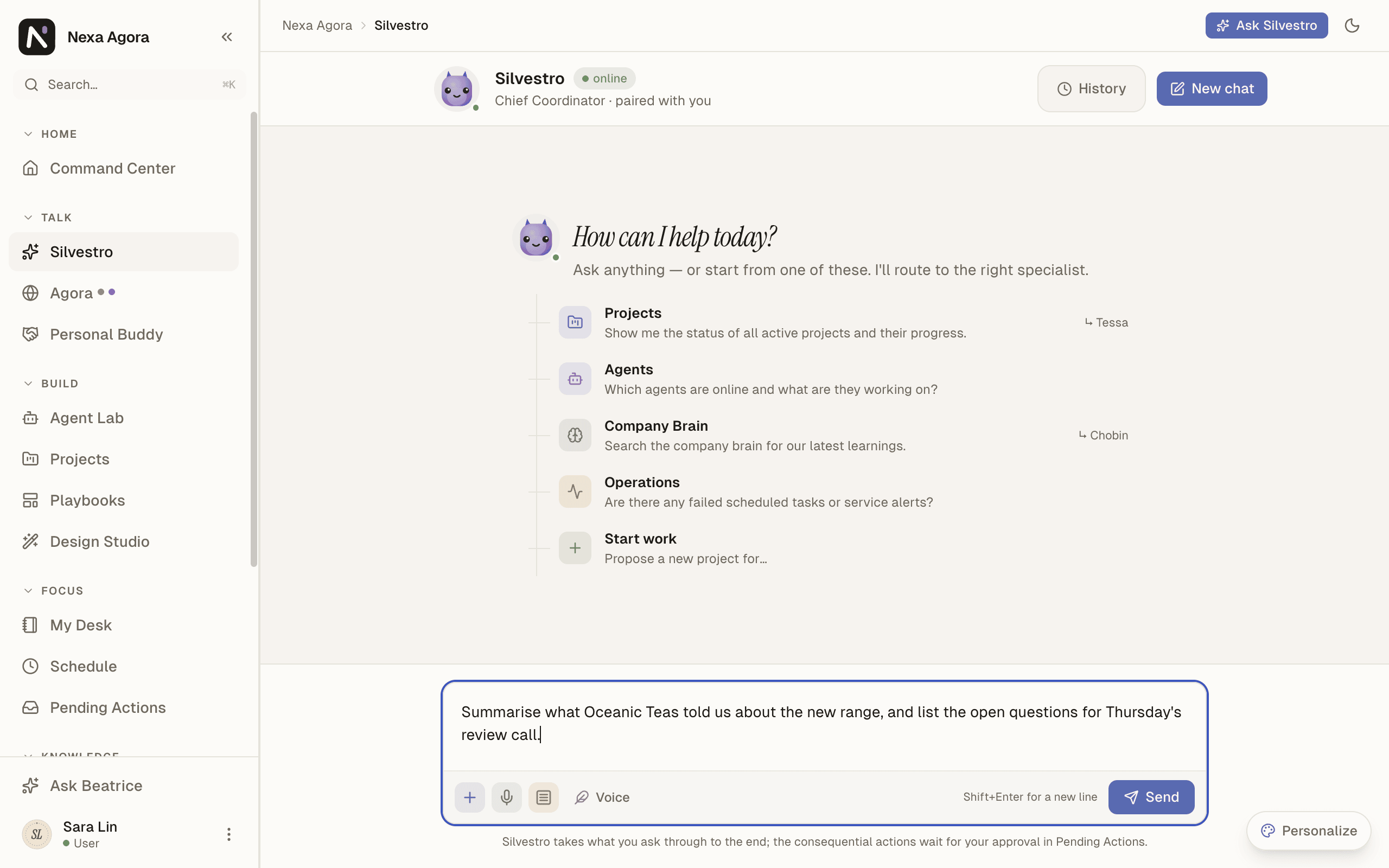 Silvestro's empty chat for Sara Lin, with "How can I help today?" and a request typed in the composer.