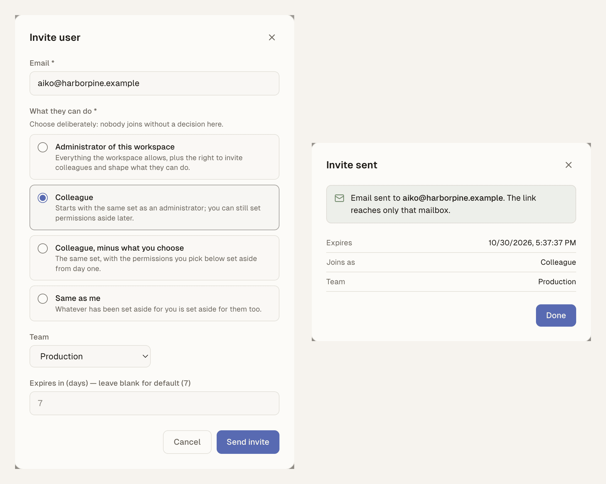 The Invite user window for aiko@harborpine.example as Elena Ruiz, owner, then the Invite sent summary.
