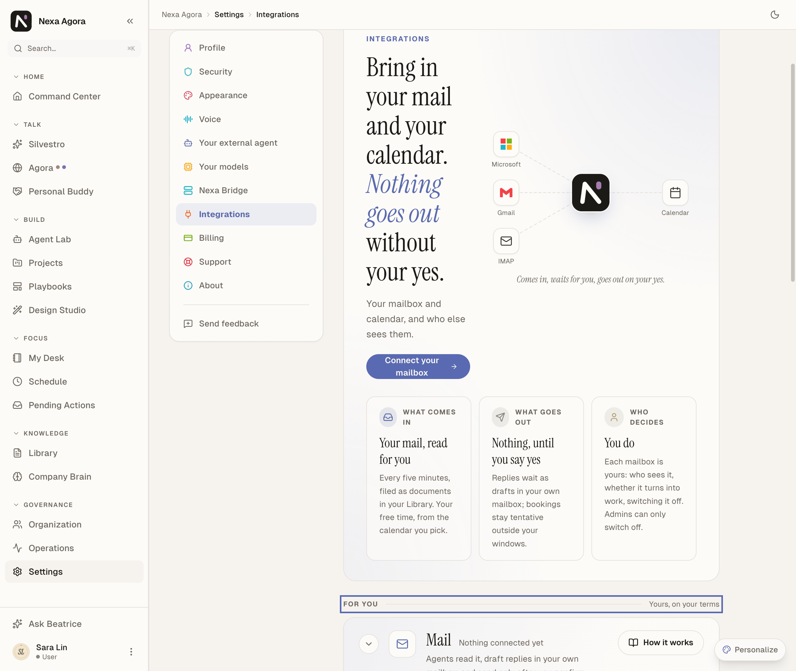 Settings › Integrations for Sara Lin, with the header "Bring in your mail and your calendar." and its three promises, and the For you band highlighted.