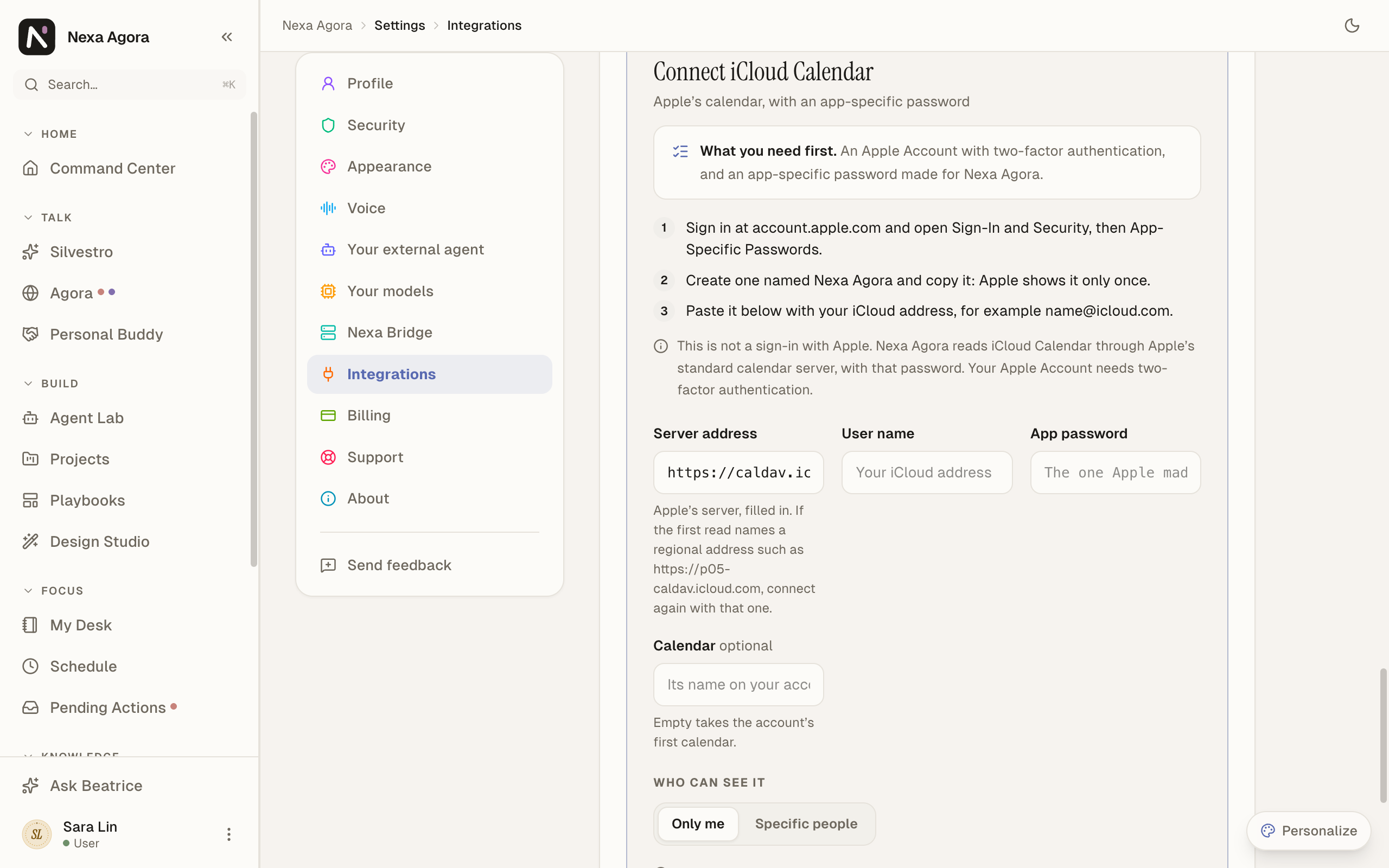 The Connect iCloud Calendar panel, with Apple's server filled in and the note about a regional address.