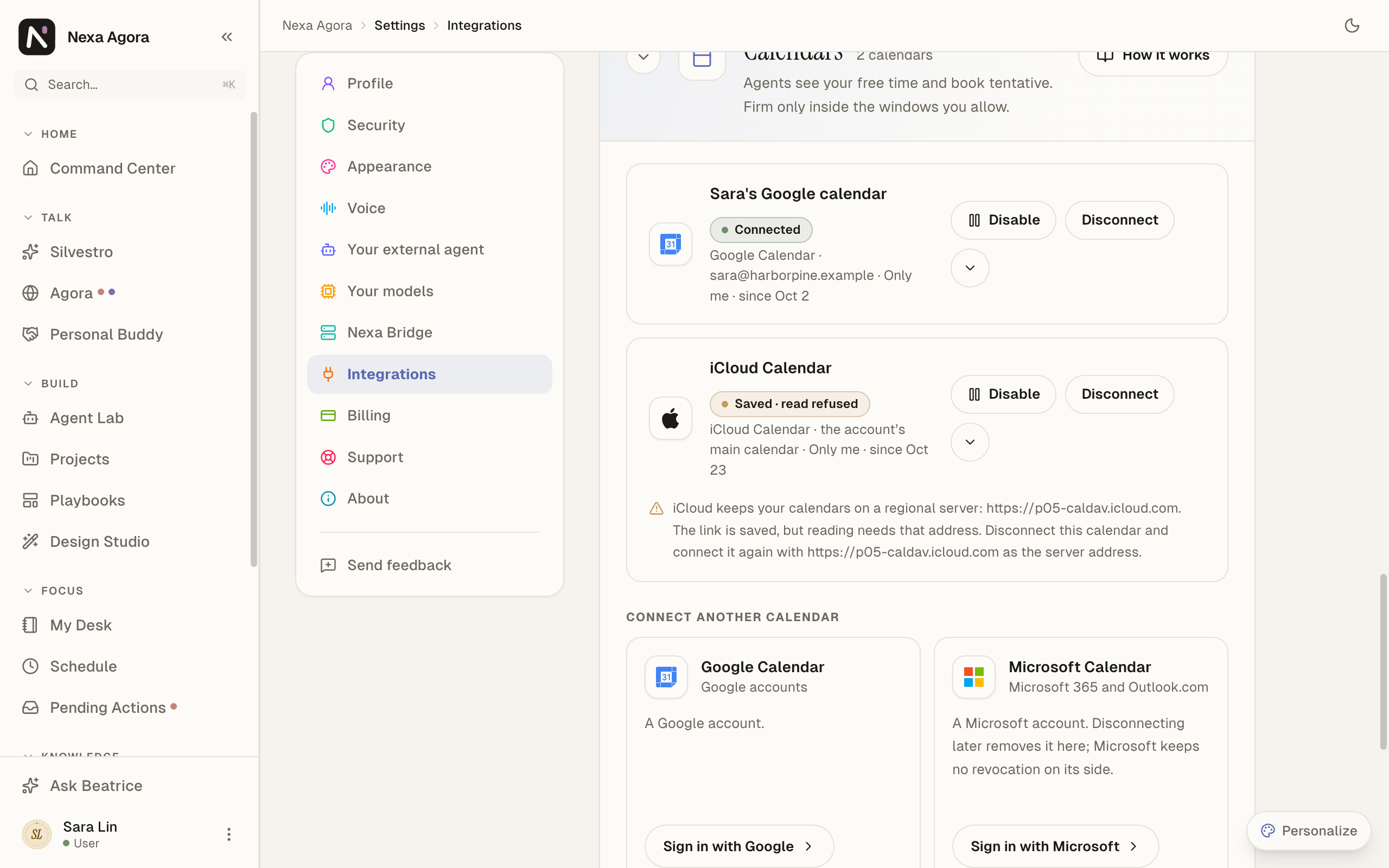 An iCloud Calendar row marked "Saved · read refused", with the note naming the regional server https://p05-caldav.icloud.com.