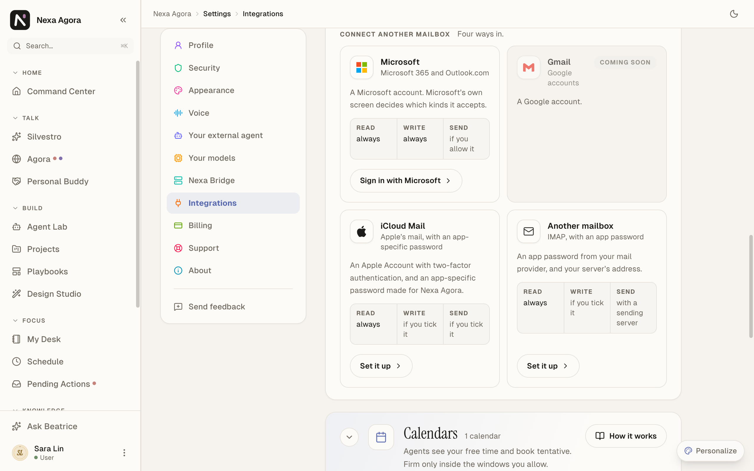 The four ways in: Microsoft, Gmail marked Coming soon, iCloud Mail with the Apple mark and Another mailbox, each with its Read, Write and Send lines.