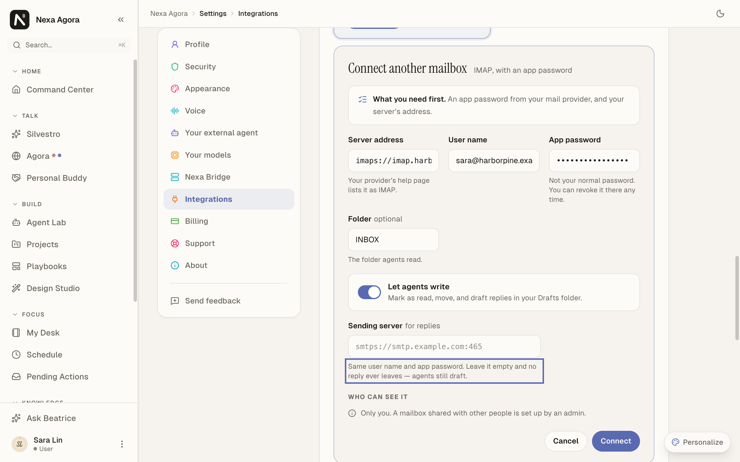 The IMAP form filled in for sara@harborpine.example, with Let agents write ticked and Sending server empty, and the note "Leave it empty and no reply ever leaves" highlighted.