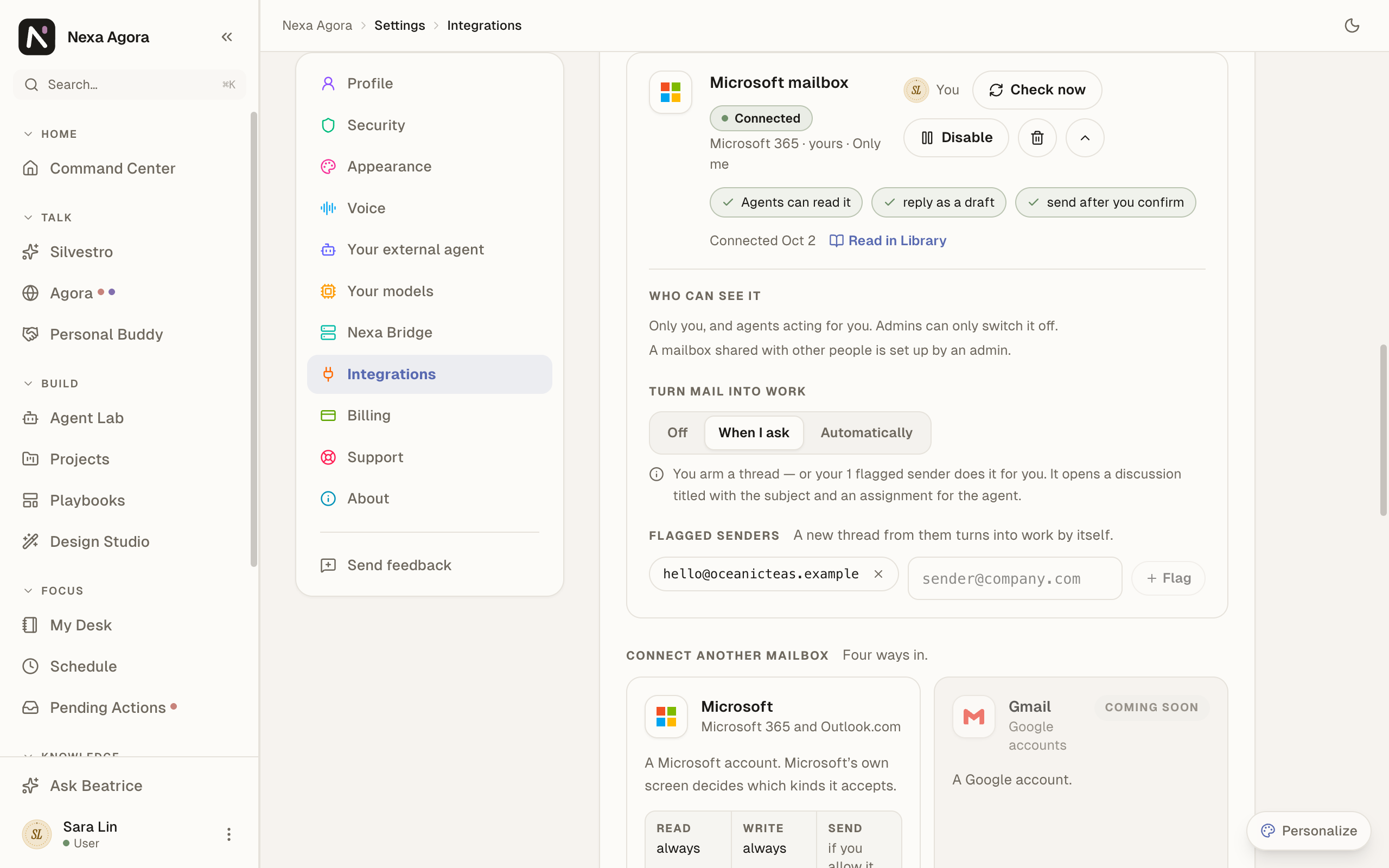 A connected mailbox row with Check now, Disable and Remove, and Turn mail into work set to When I ask.
