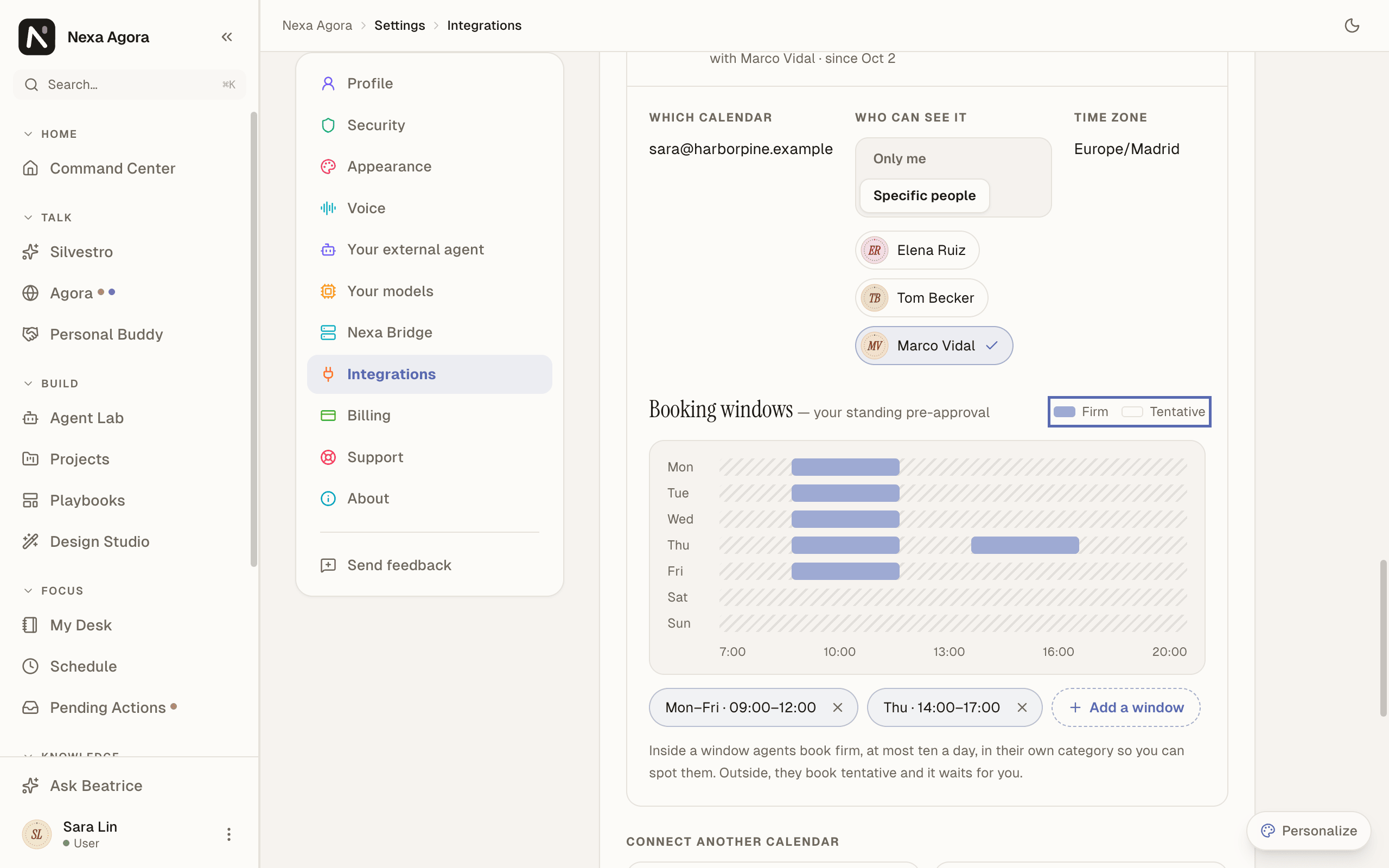 A calendar's settings with Who can see it on Specific people, Marco Vidal, and two booking windows, weekdays 9–12 and Thursday 14–17, with Firm and Tentative highlighted.