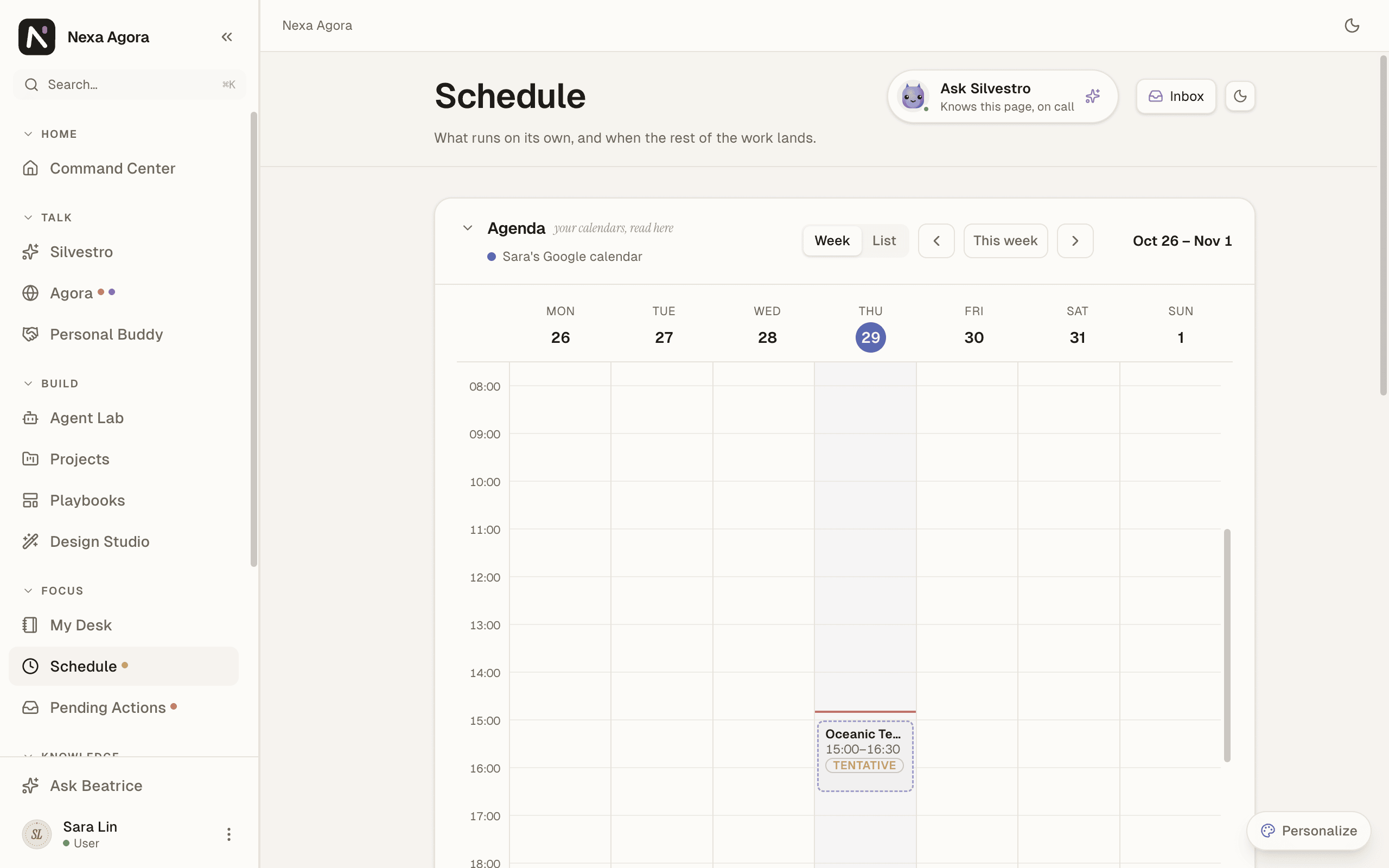 The Agenda on Schedule in Week view, showing "Oceanic Teas review call" on Thursday at 15:00, marked tentative.