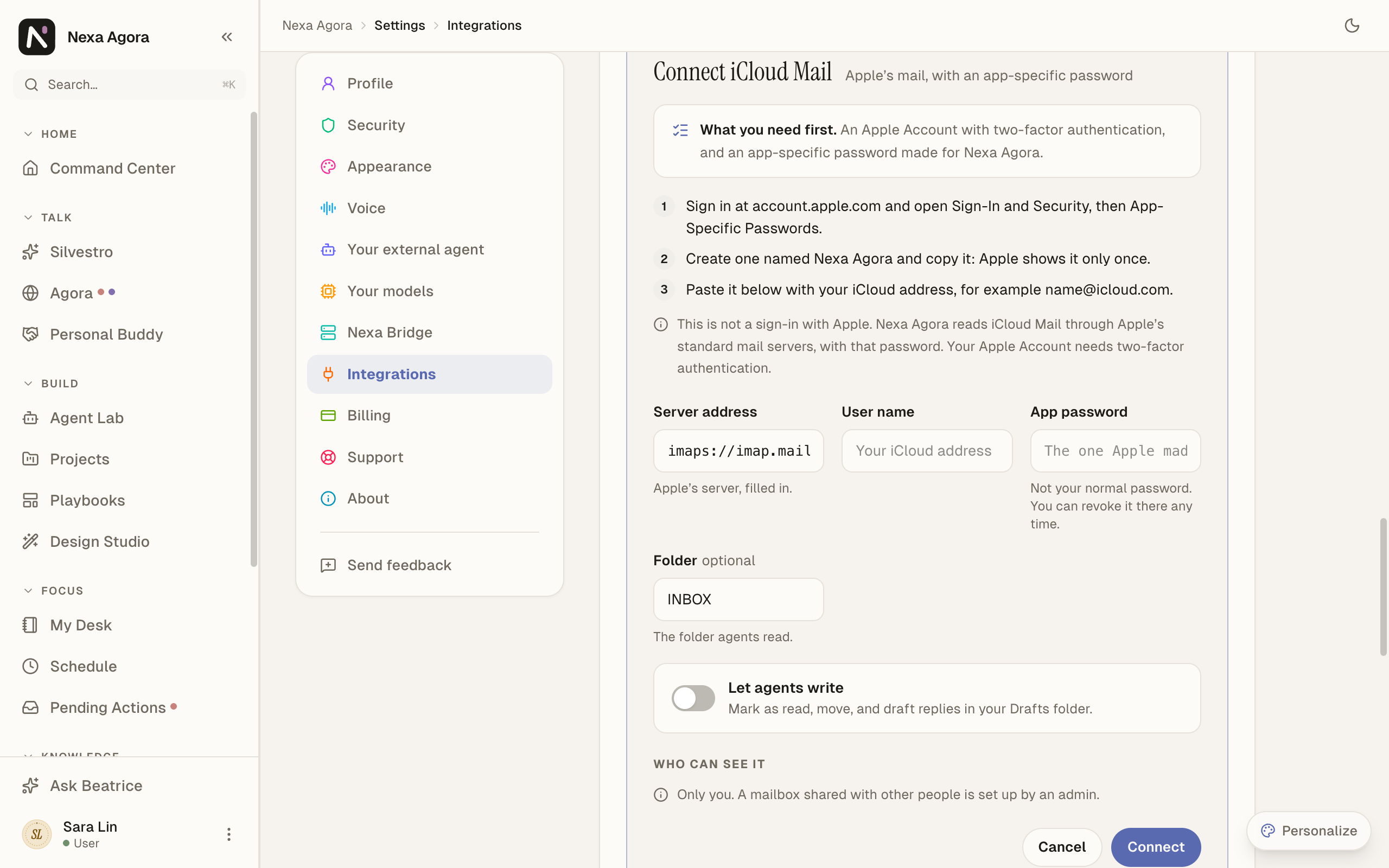 The Connect iCloud Mail panel: the three steps, the note "This is not a sign-in with Apple", and Apple's server filled in.