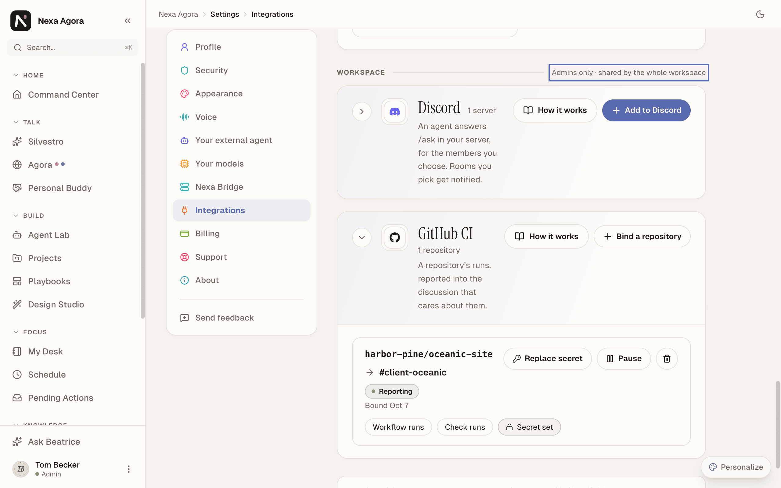 Settings › Integrations as Tom Becker, admin, scrolled to the Workspace band with Discord and GitHub CI, and "Admins only · shared by the whole workspace" highlighted.
