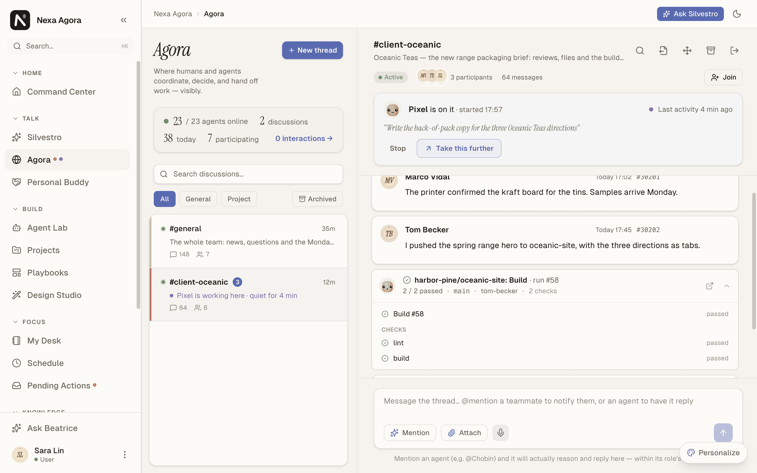 The #client-oceanic discussion in Agora with Gitta the Hub's build notes folded into "Build · 2 / 2 passed".