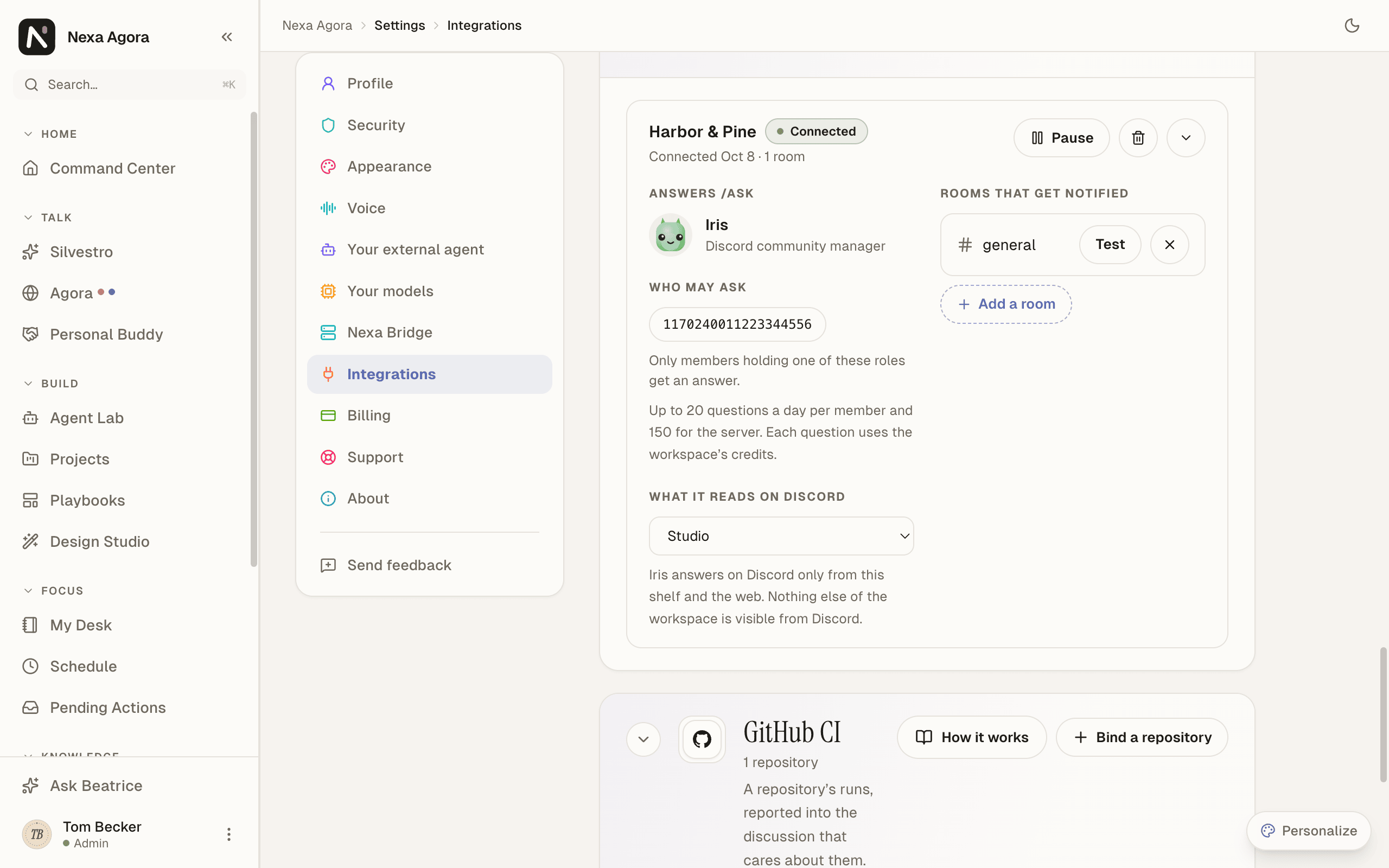 The Discord server's settings with Agent that answers /ask, Who may ask on Members with these roles, the two daily figures, and Shelf for Discord set to the Studio shelf.