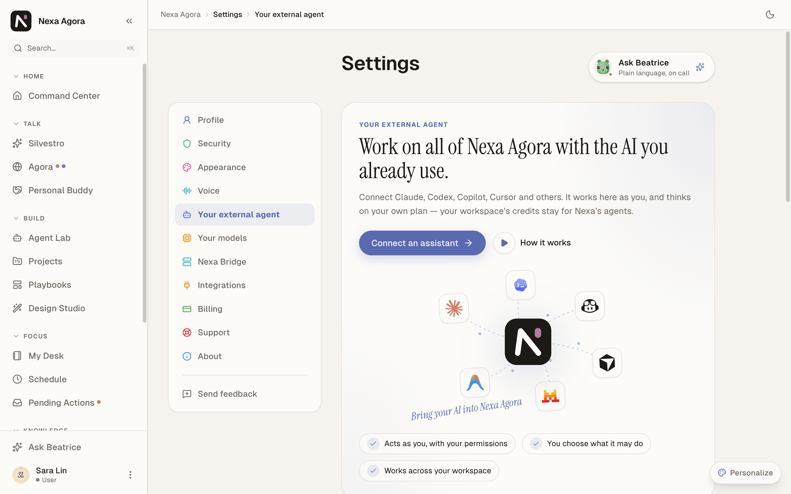 Settings › Your external agent for Sara Lin, with no assistant connected yet and the Connect an assistant button.