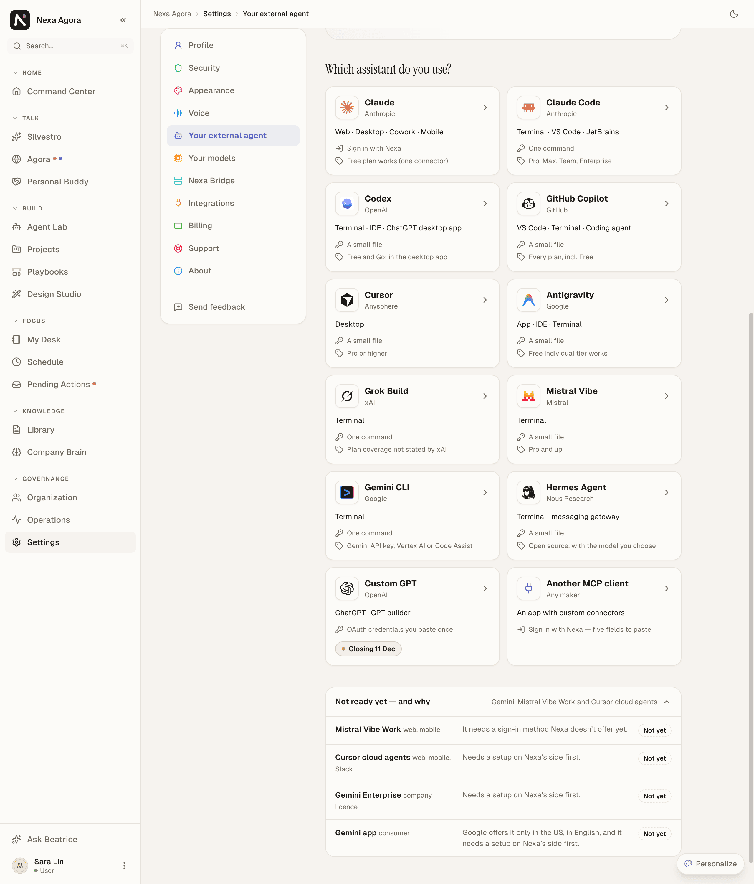 The "Which assistant do you use?" panel with every assistant tile, and the "Not ready yet — and why" fold opened.