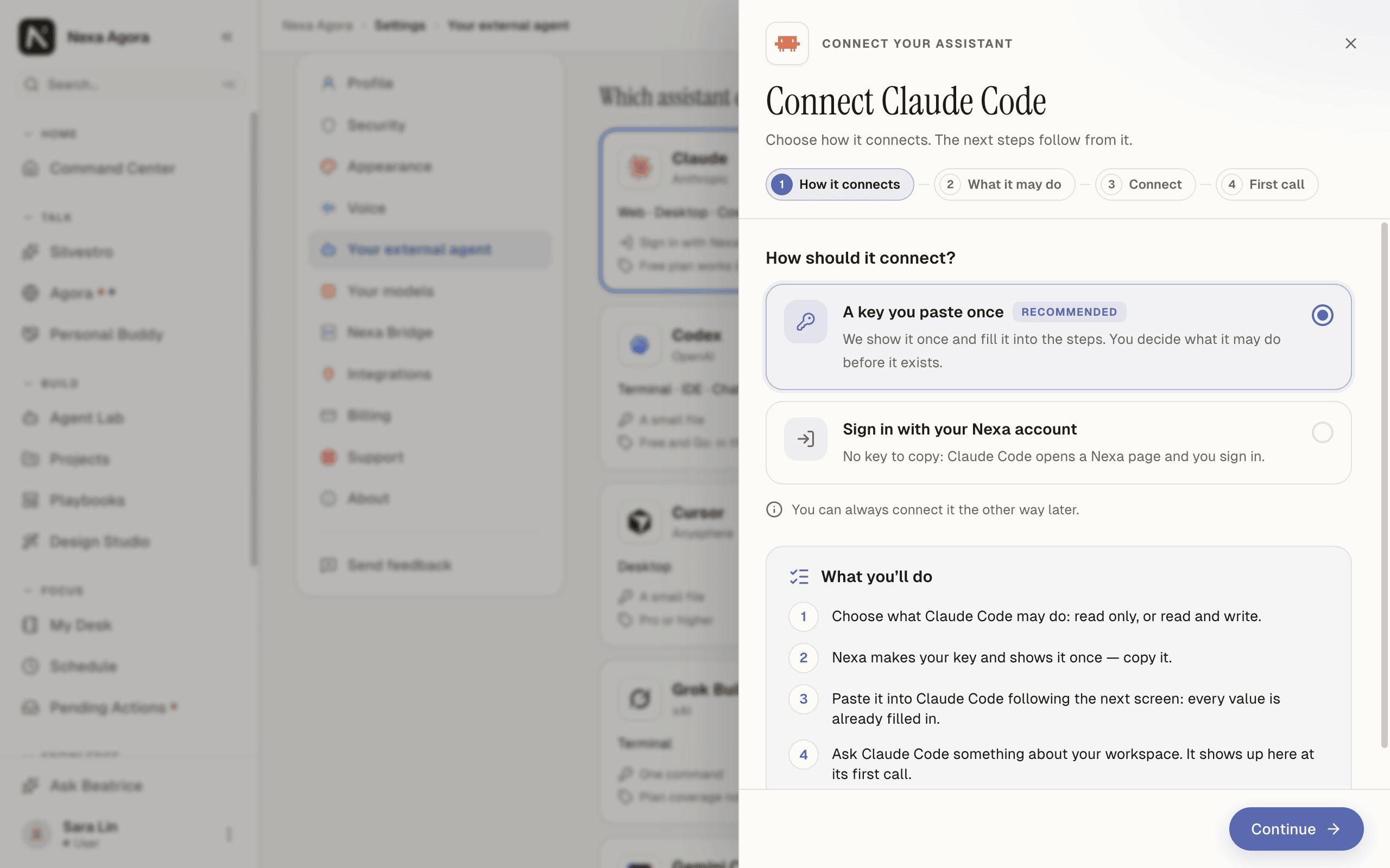 The Claude Code connect sheet at "How should it connect?", with "A key you paste once — Recommended" and "Sign in with your Nexa account".