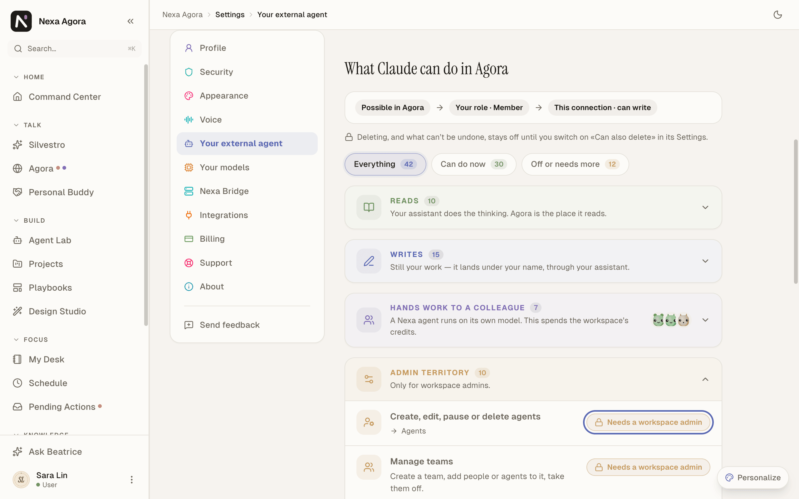 A connection's page with "What Claude can do in Agora" and the Reads, Writes, Hands work to a colleague and Admin territory groups, with a "Needs a workspace admin" badge highlighted.