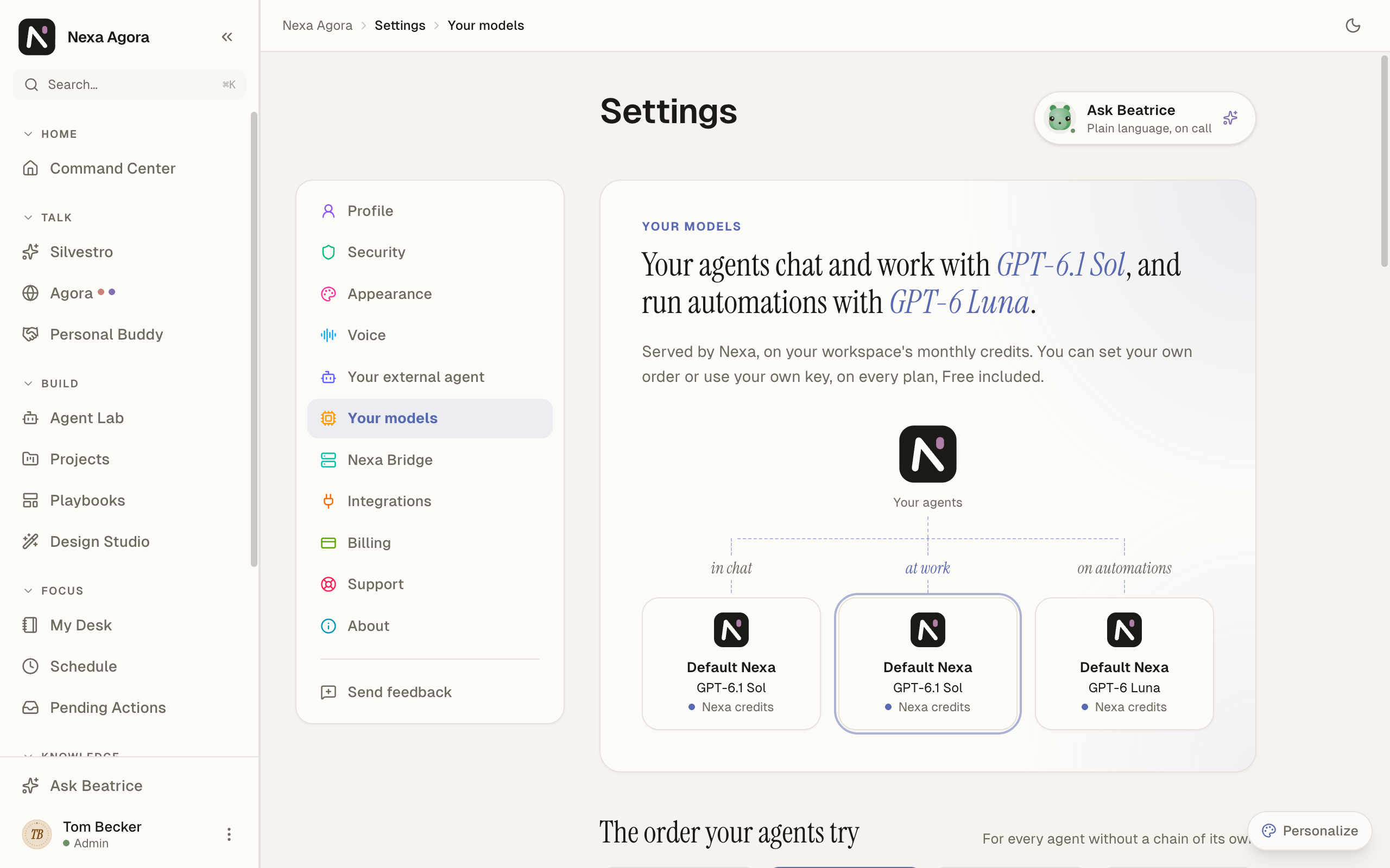 Settings › Your models as Tom Becker, admin, on Nexa's defaults: "Your agents chat and work with GPT-6.1 Sol, and run automations with GPT-6 Luna", with the three branches in chat, at work and on automations.