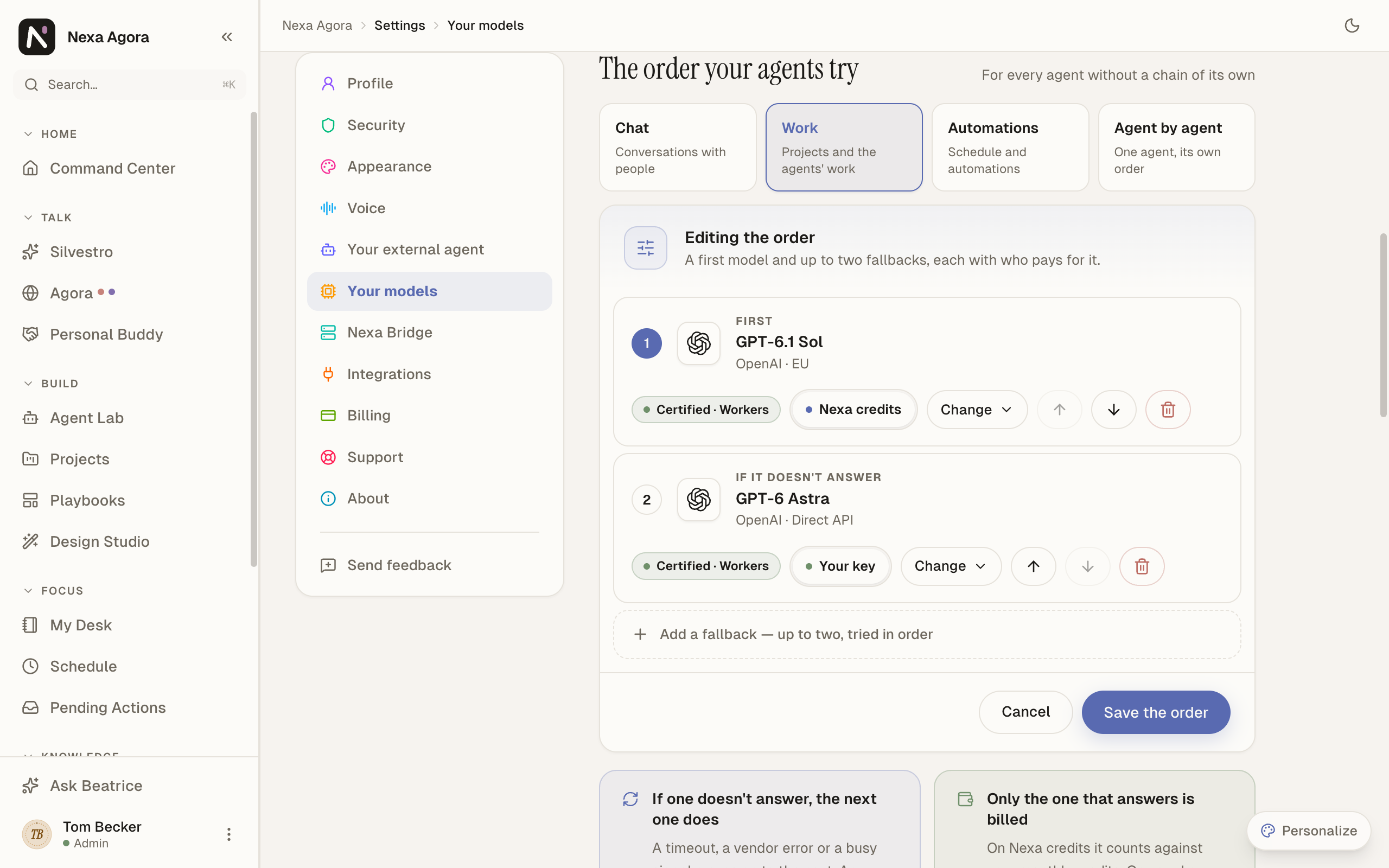 The order editor on Work, with GPT-6.1 Sol first on Nexa credits and GPT-6 Astra as the fallback on your OpenAI key.