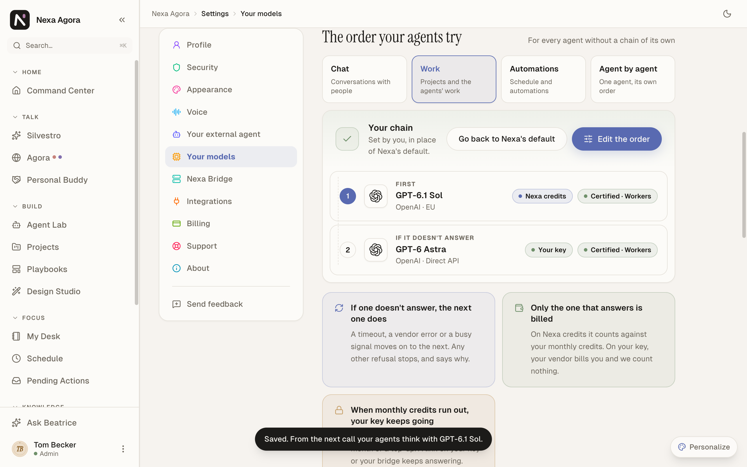 Work after saving: "Your chain — Set by you, in place of Nexa's default", with the two links and Go back to Nexa's default.