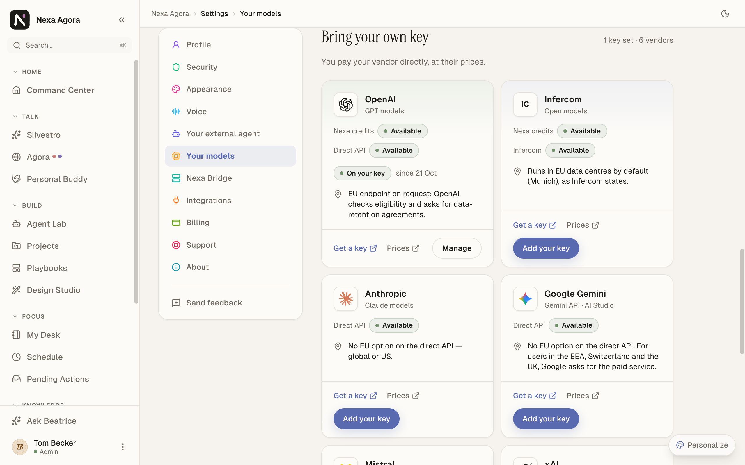 Bring your own key: "1 key set · 6 vendors", with the OpenAI card marked "On your key since 21 Oct".