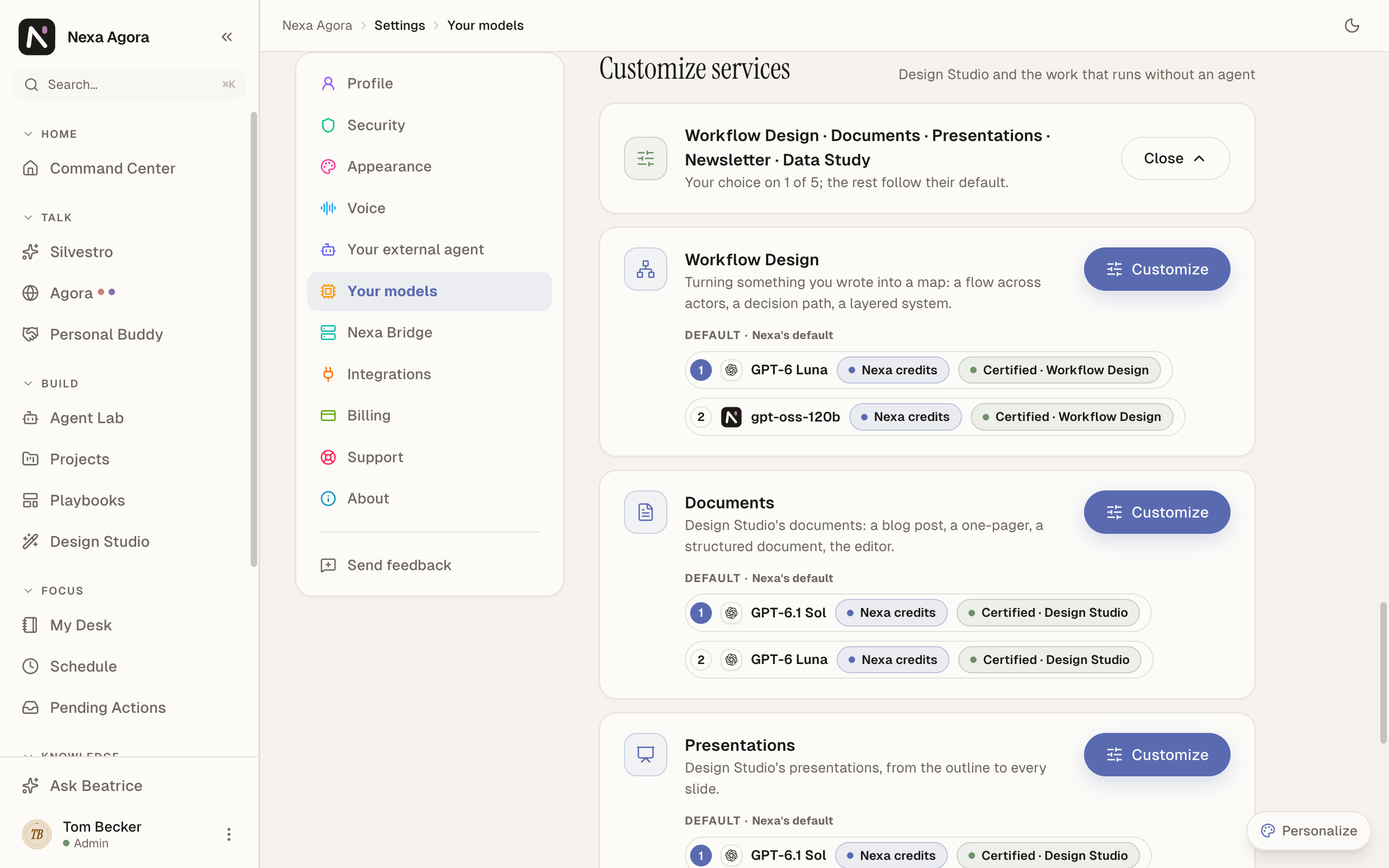 Customize services: Workflow Design, Documents and Presentations on Nexa's default, each with its two models.