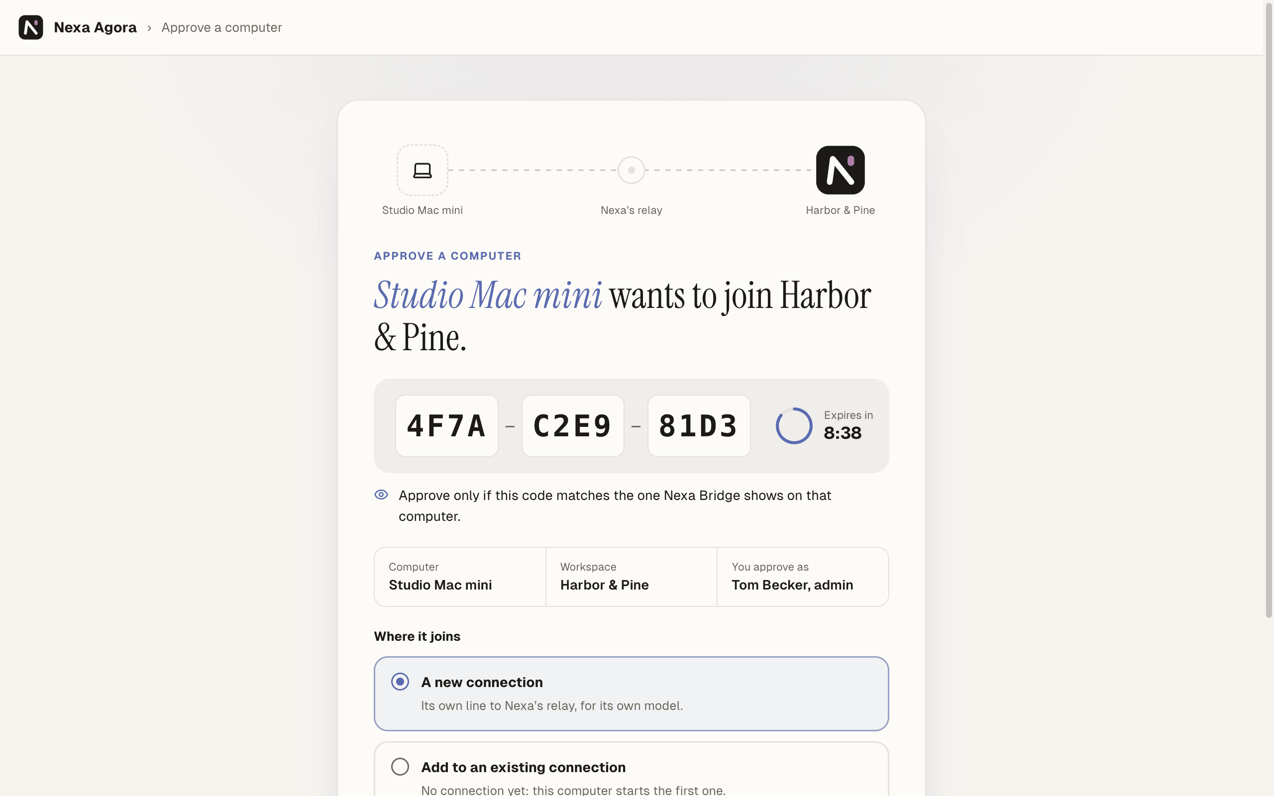 The Approve a computer page for "Studio Mac mini" joining Harbor & Pine, with the code, the Expires in countdown, and A new connection selected.