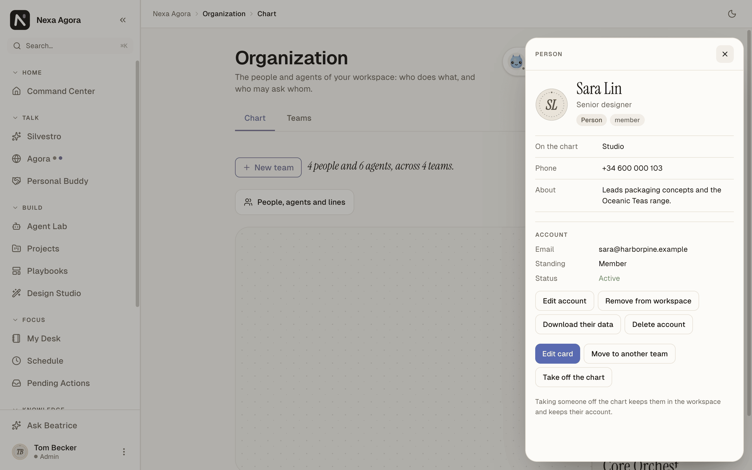 Sara Lin's person panel with Account, Member and Active, and the admin actions Edit account, Download their data and Remove from workspace.
