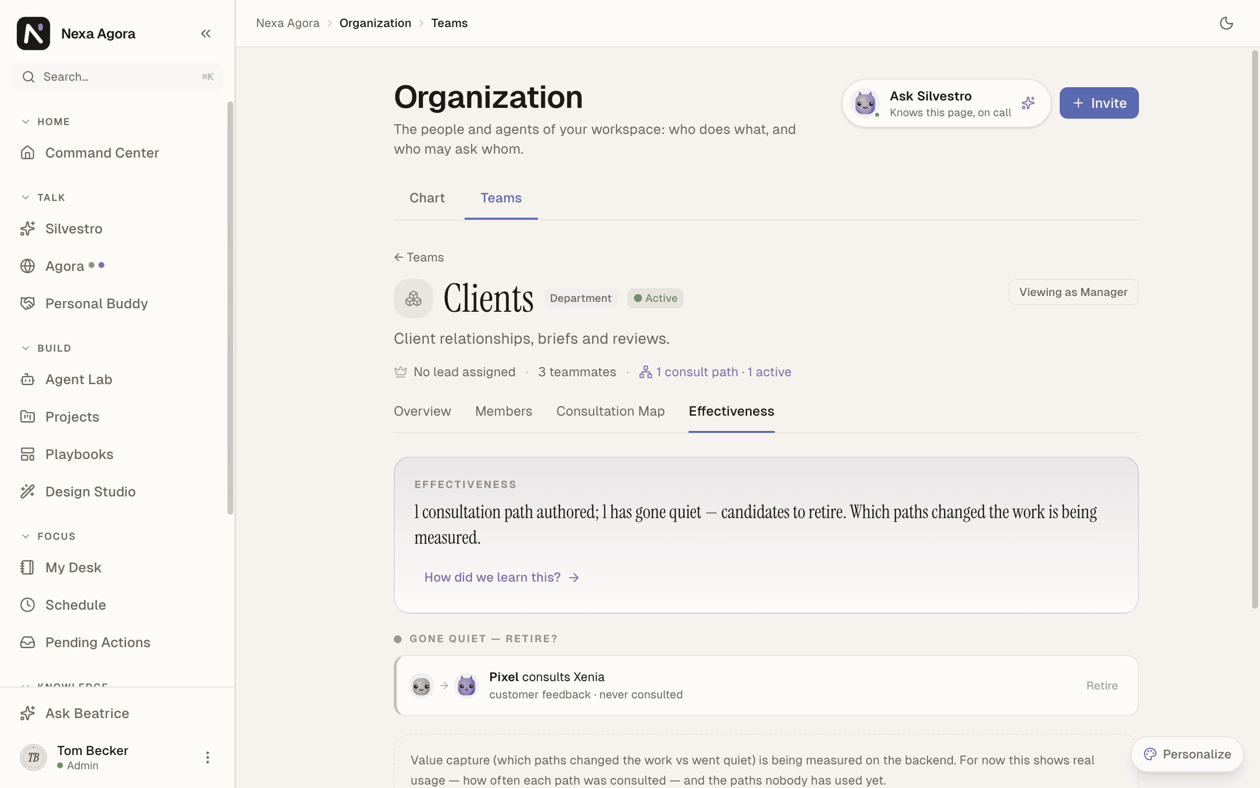The Teams tab, one team's Effectiveness view, with one path marked "Gone quiet — retire?".