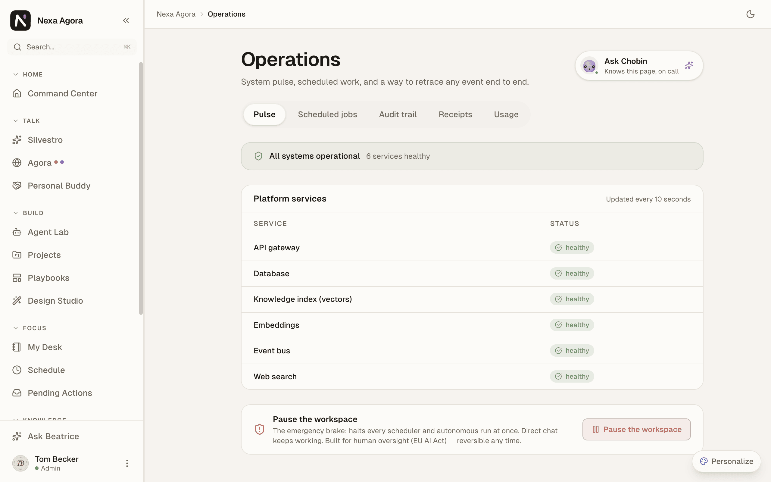 Operations › Pulse for Harbor & Pine, with "All systems operational" and six services healthy.