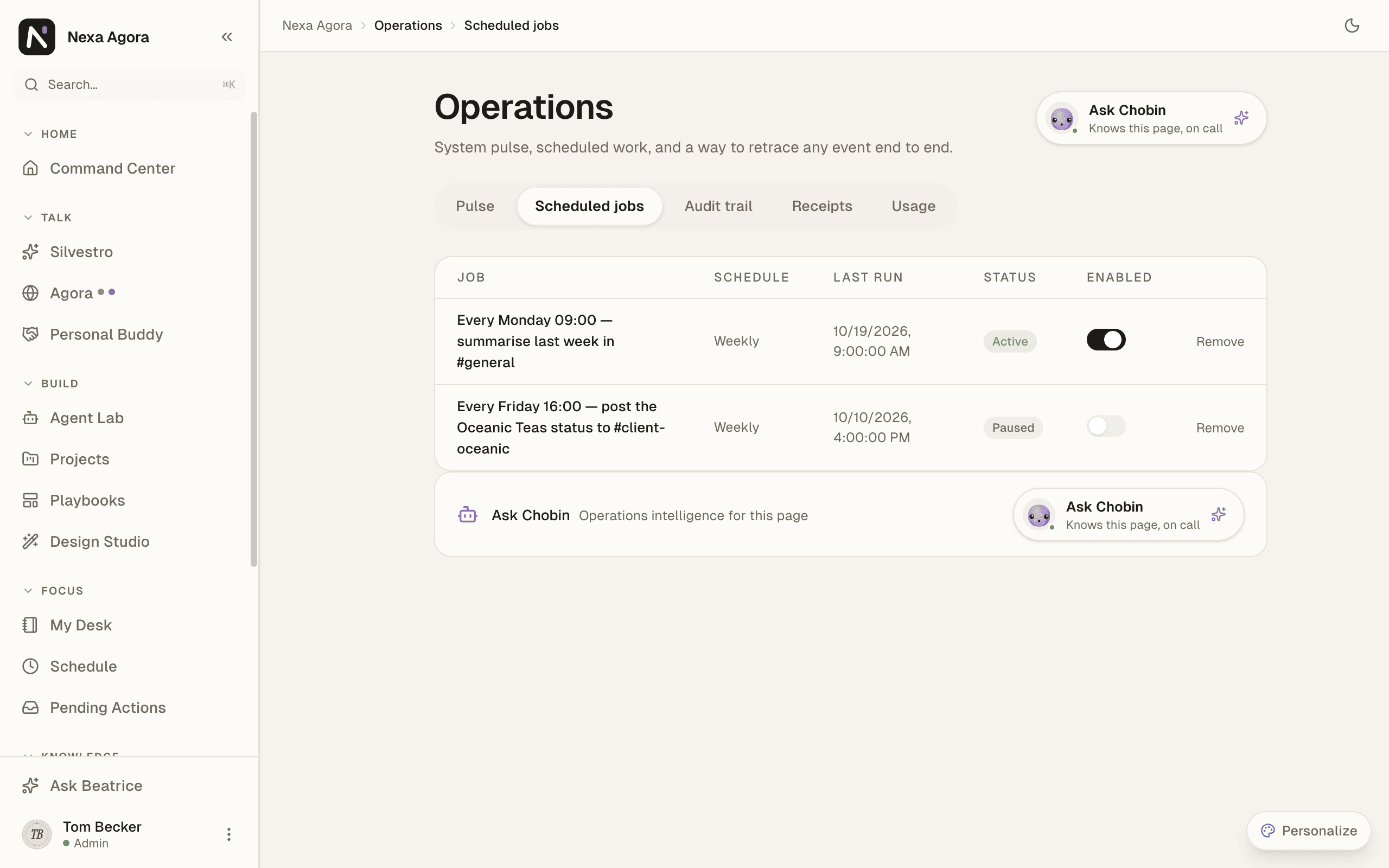 Scheduled jobs with Sara's automation "Every Monday 09:00 — summarise last week in #general", Active, and one paused job.