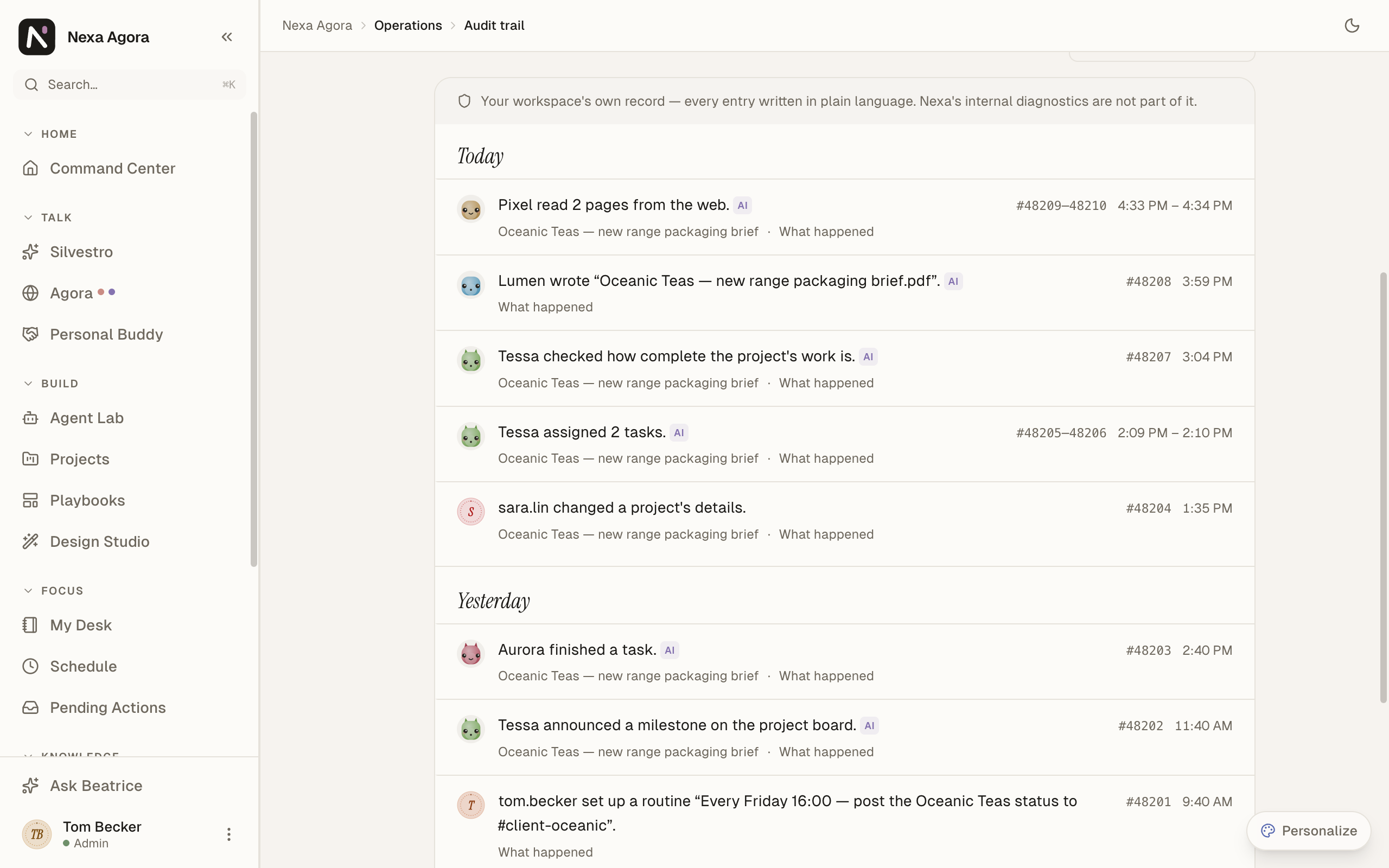 The audit trail of Harbor & Pine, All activity: Pixel reads two pages from the web, Lumen writes the Oceanic Teas brief, and Tessa checks and assigns the project's work.