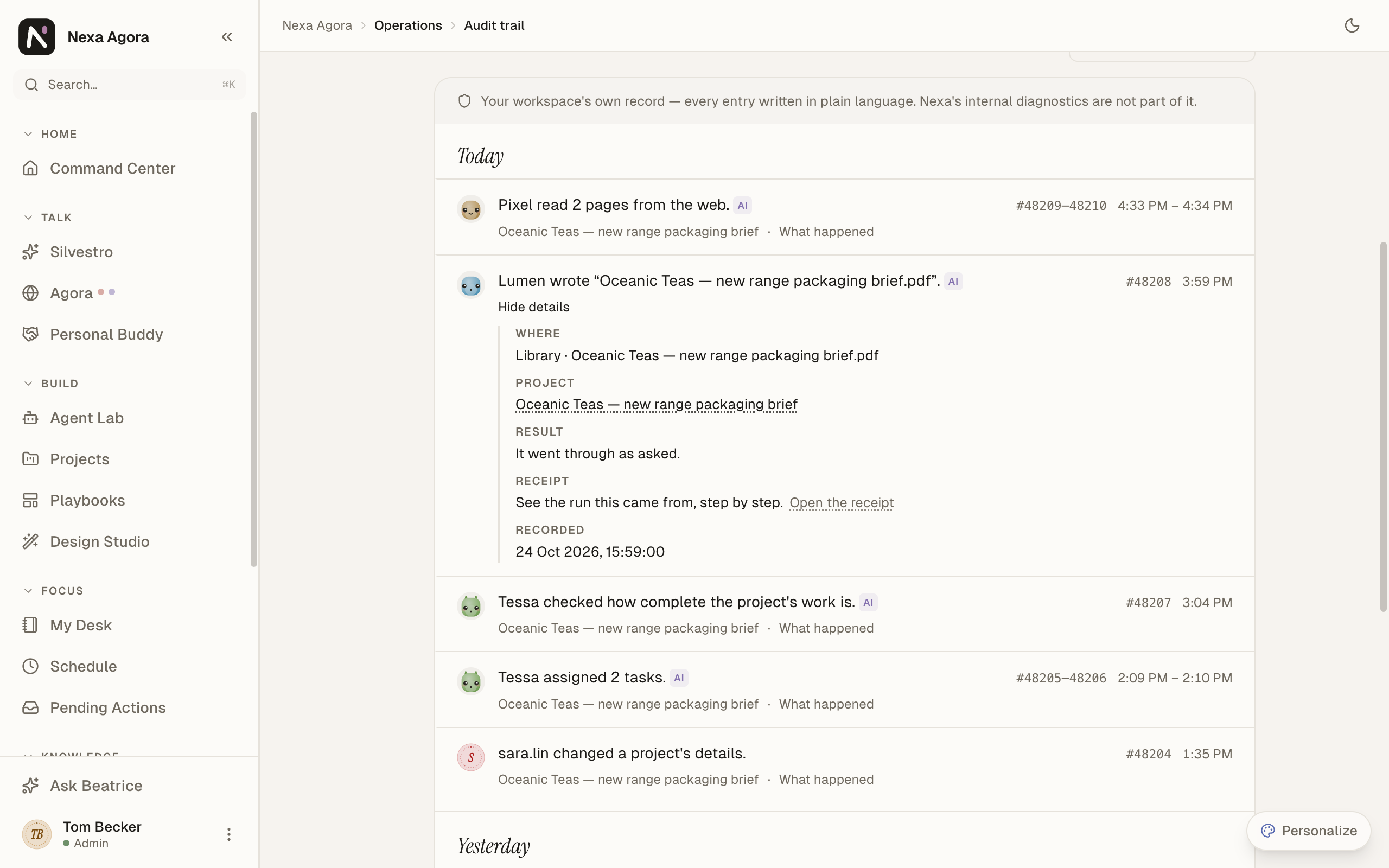 Lumen's entry opened: where, the project, the result, the receipt with Open the receipt, and when it was recorded.