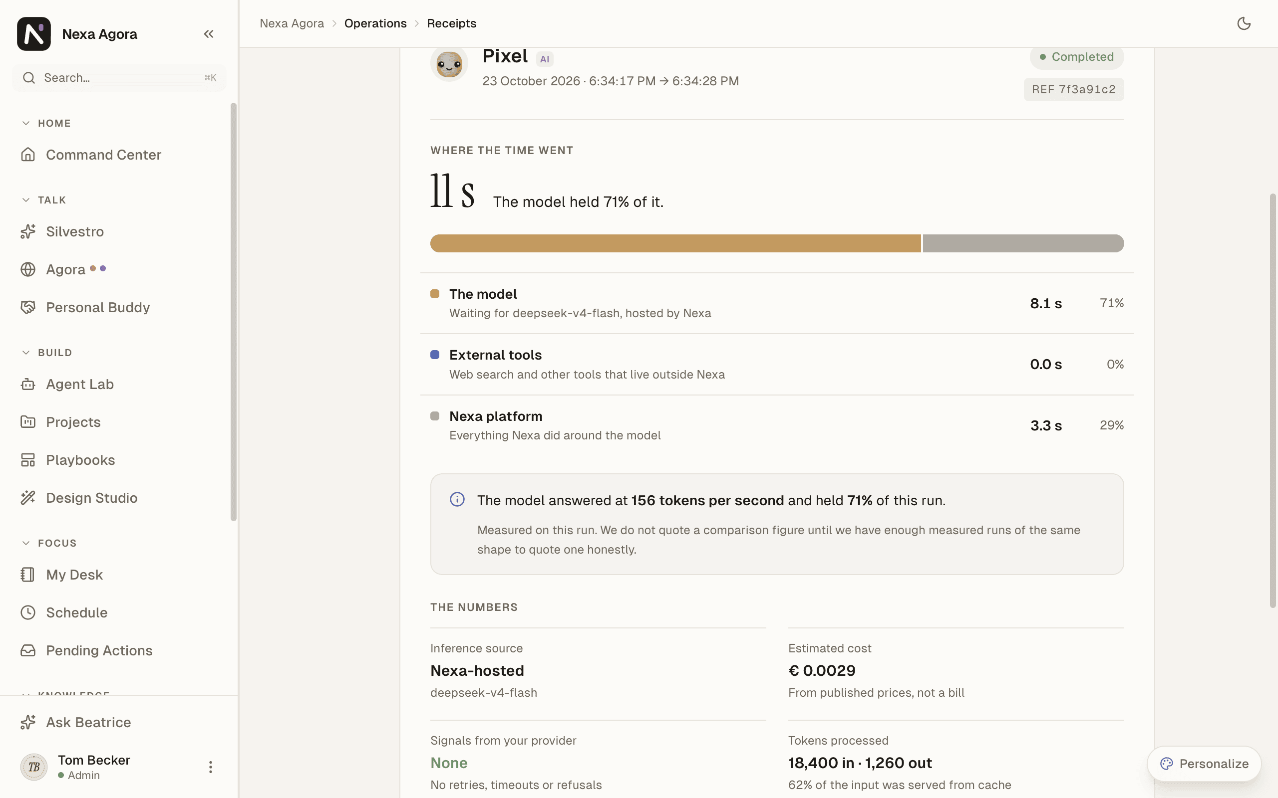 A receipt of a run of Pixel: Completed, Where the time went, and The numbers with Nexa-hosted, the estimated cost and the tokens.