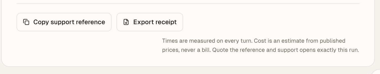 The receipt footer with Copy support reference and Export receipt.