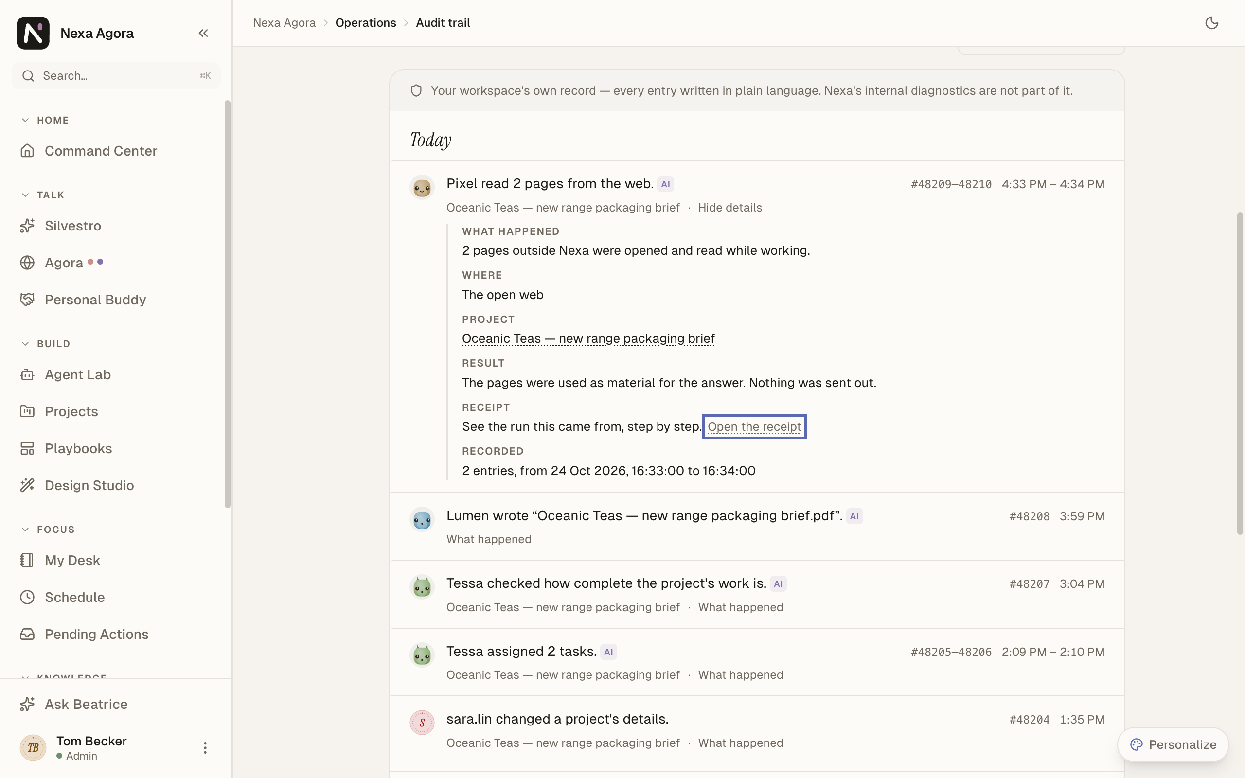 Pixel's audit trail entry opened, with Open the receipt highlighted under Receipt.