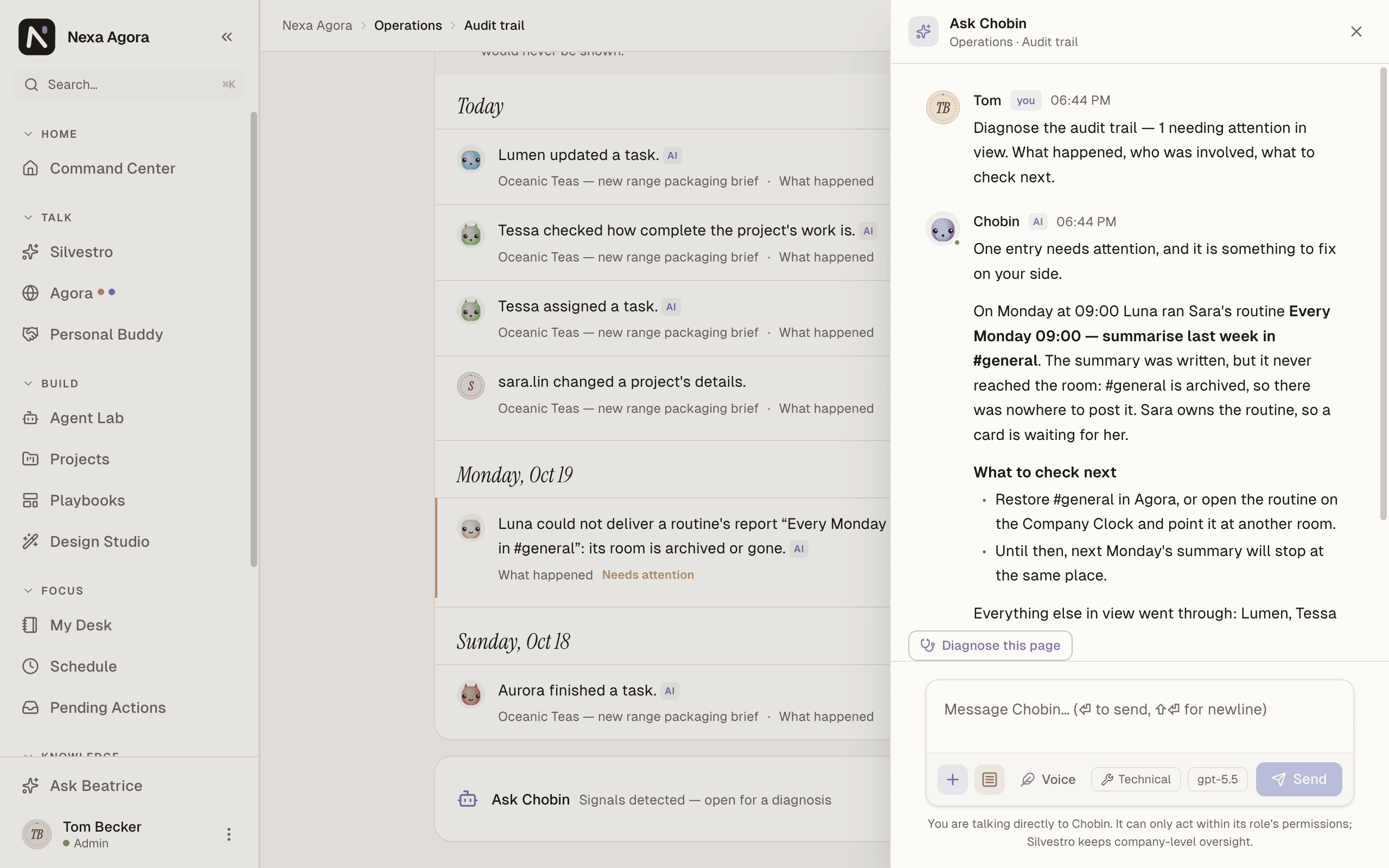 The Ask Chobin drawer on "Operations · Audit trail" after Diagnose this page, with a plain-language answer about a routine whose report was not delivered to #general.