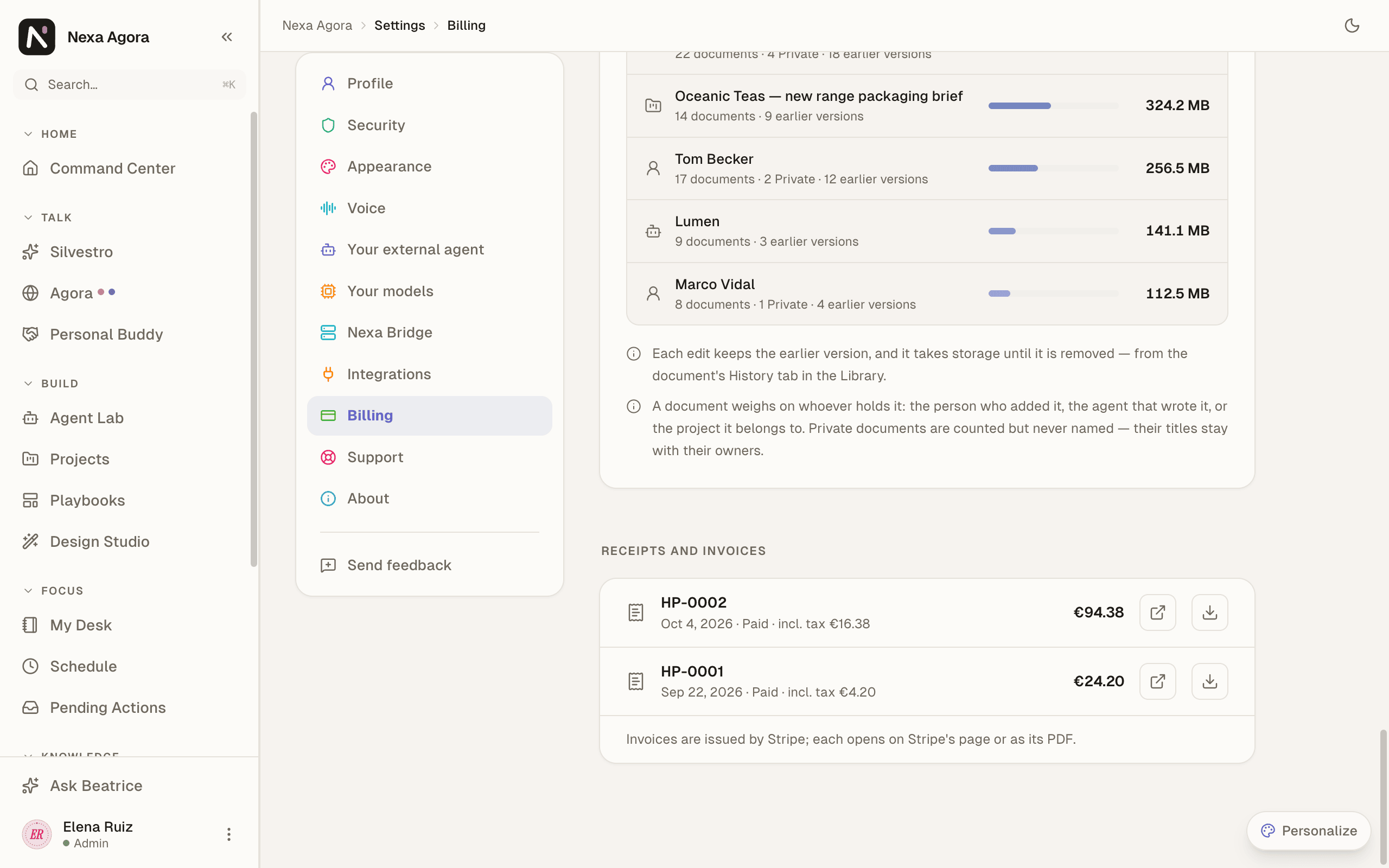 Receipts and invoices with two Paid invoices.