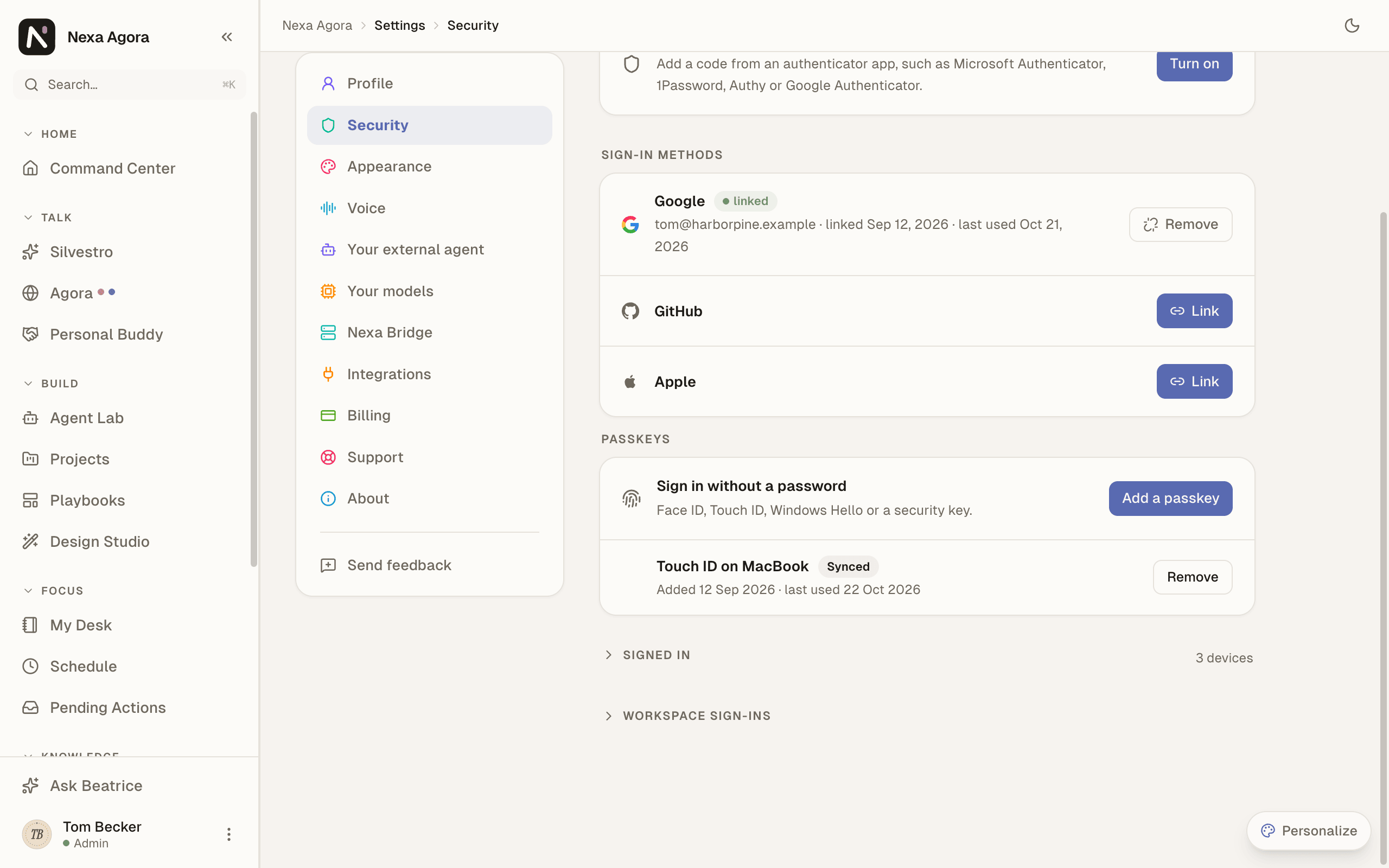 Passkeys with one synced Touch ID passkey, and Sign-in methods with Google linked.