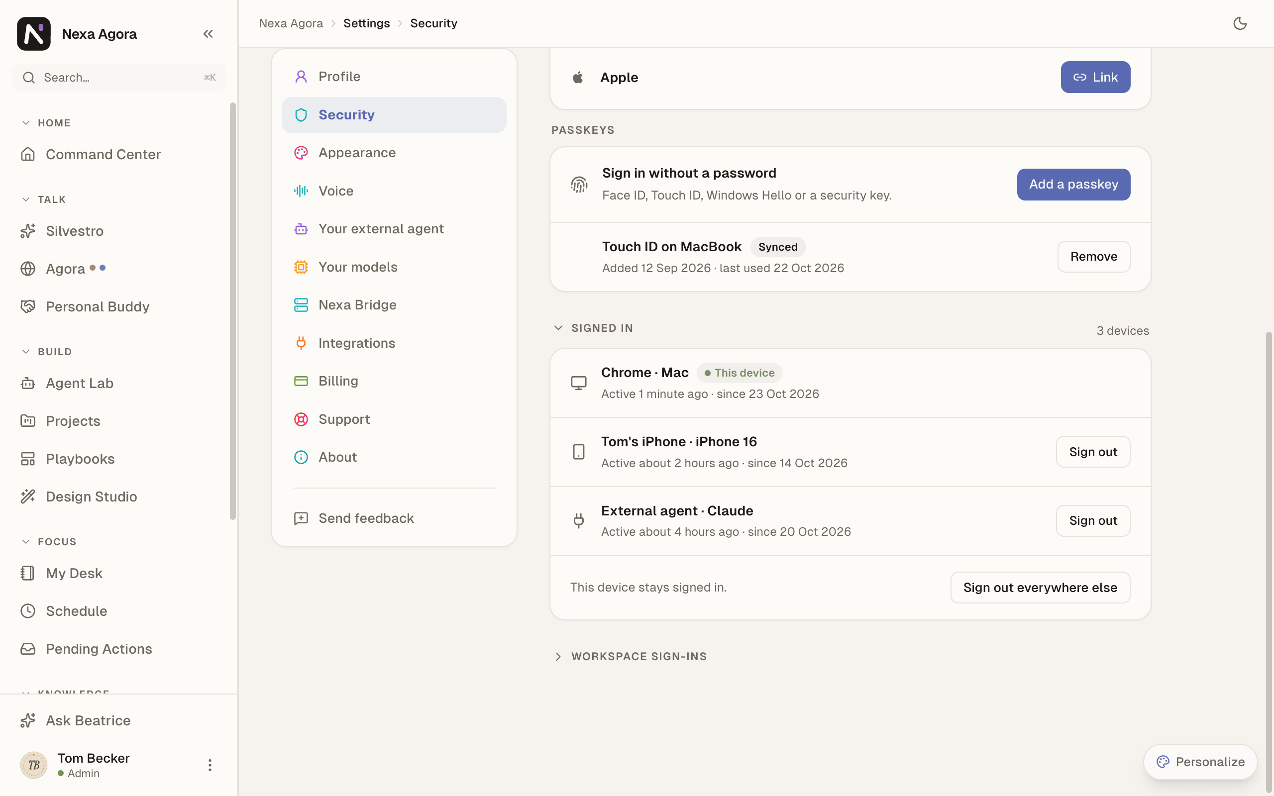 Signed in, with this browser, the mobile app and "External agent · Claude".